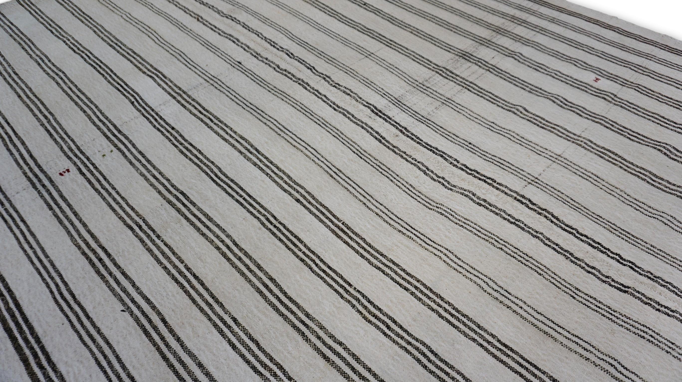 Turkish Vintage Gray and Ivory  Vertical stripes Wool Kilim 7'3''x9'3'' For Sale