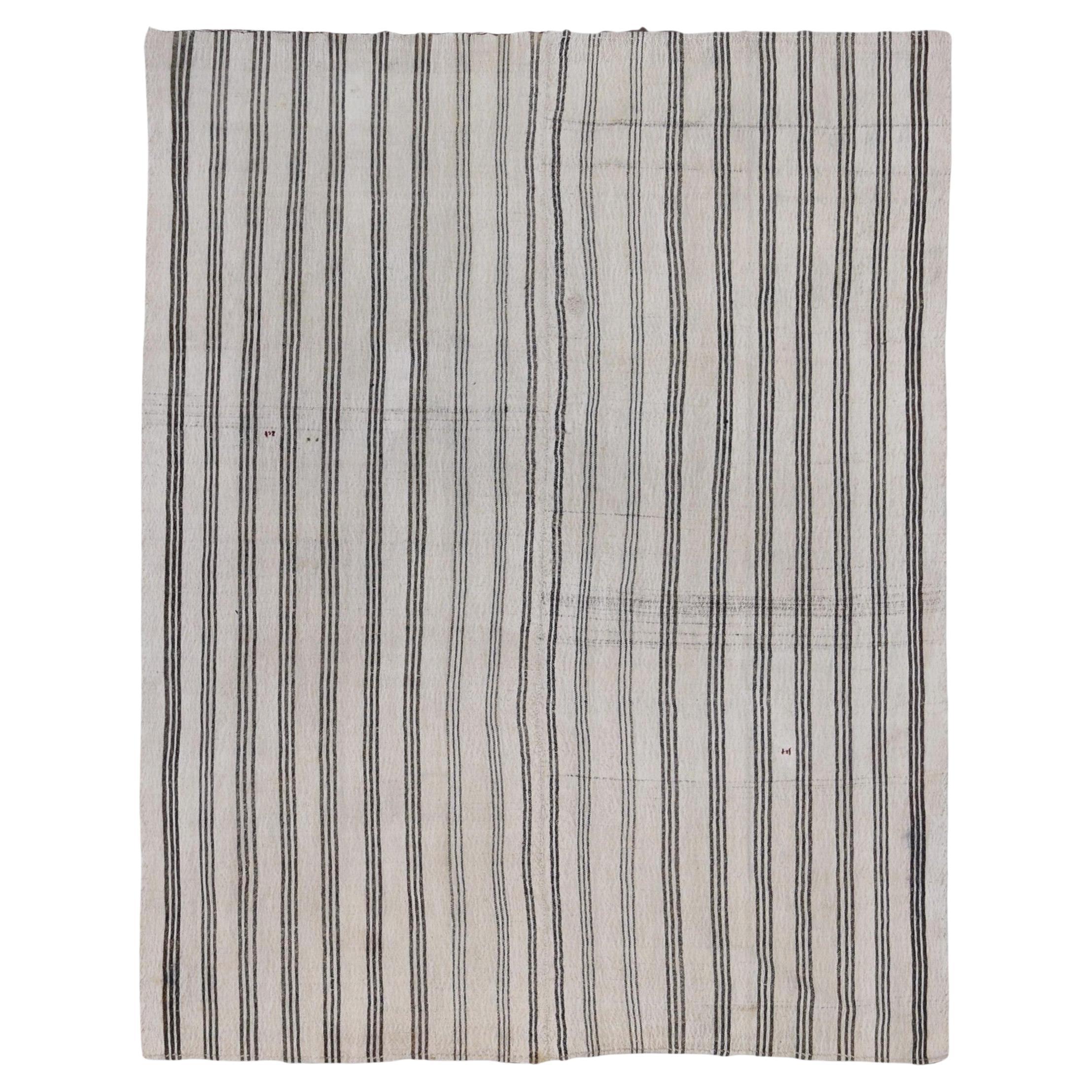 Vintage Gray and Ivory  Vertical stripes Wool Kilim 7'3''x9'3'' For Sale