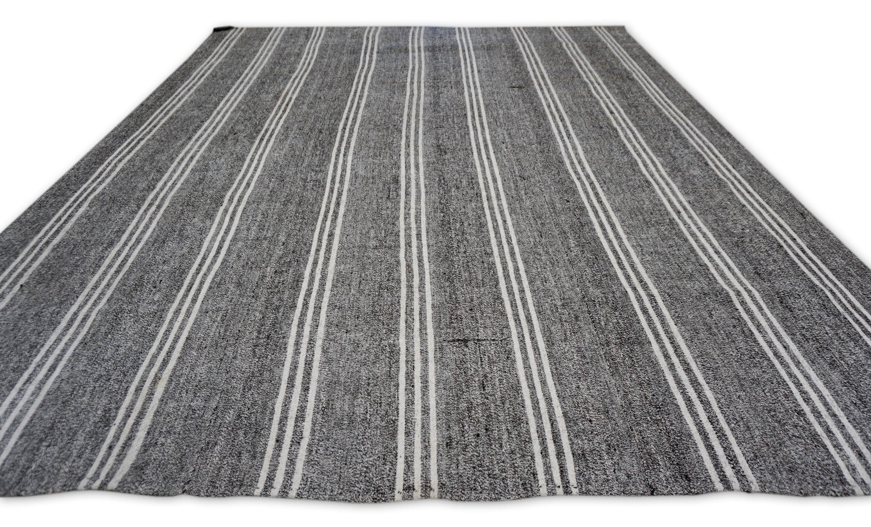 Modern Vintage Gray and White Striped Goat Hair Rug 8'3''x10'4'' For Sale