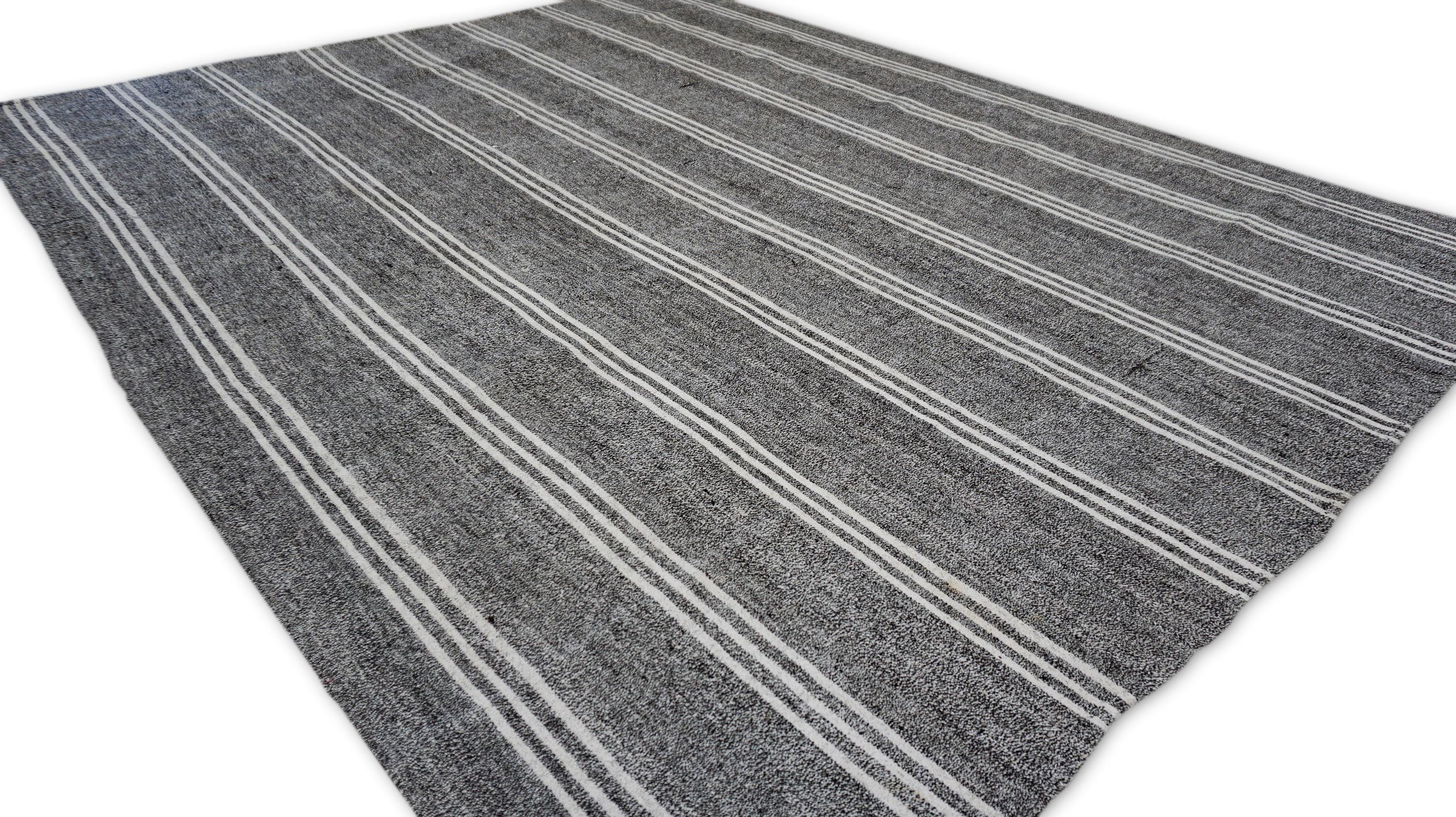 Hand-Woven Vintage Gray and White Striped Goat Hair Rug 8'3''x10'4'' For Sale