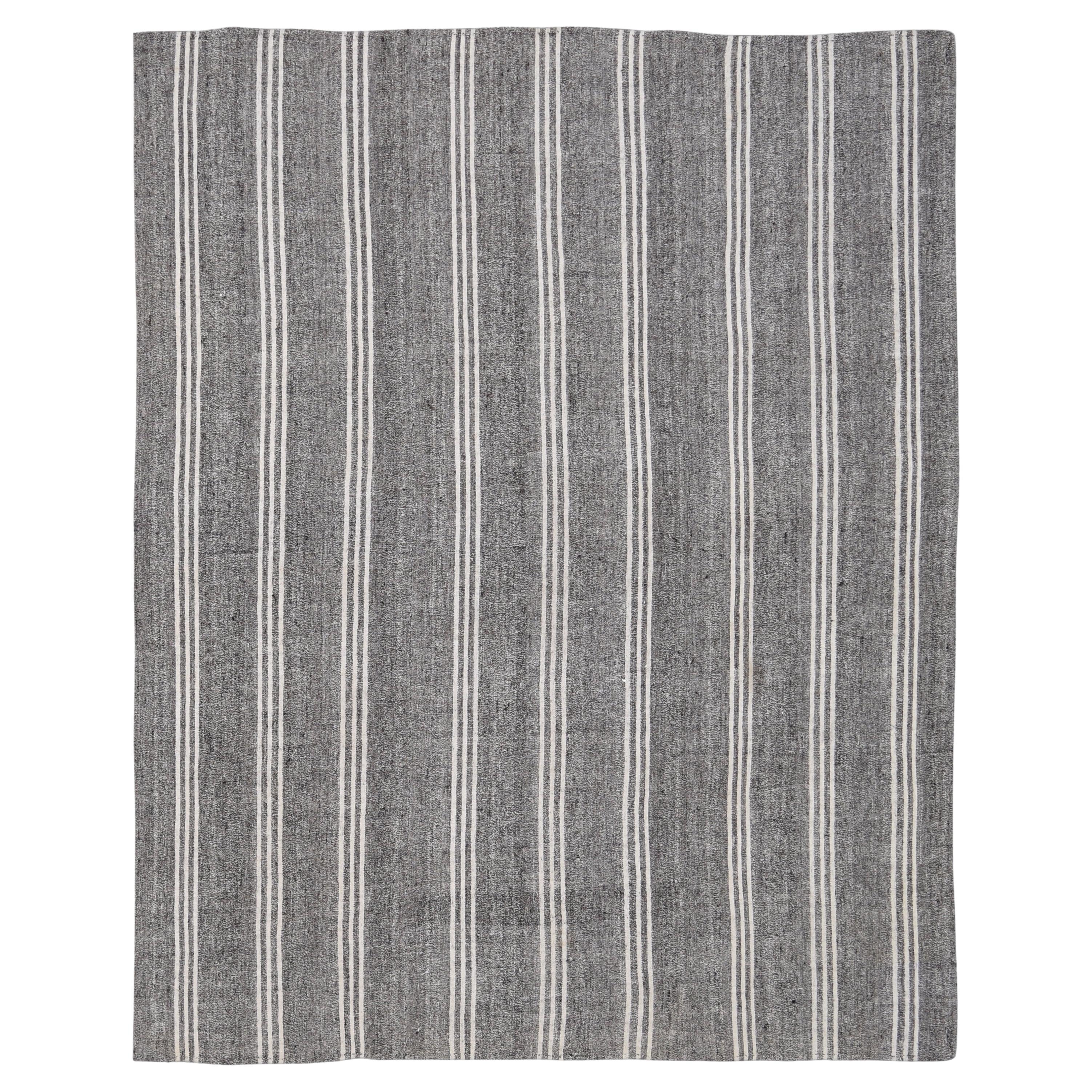 Vintage Gray and White Striped Goat Hair Rug 8'3''x10'4''