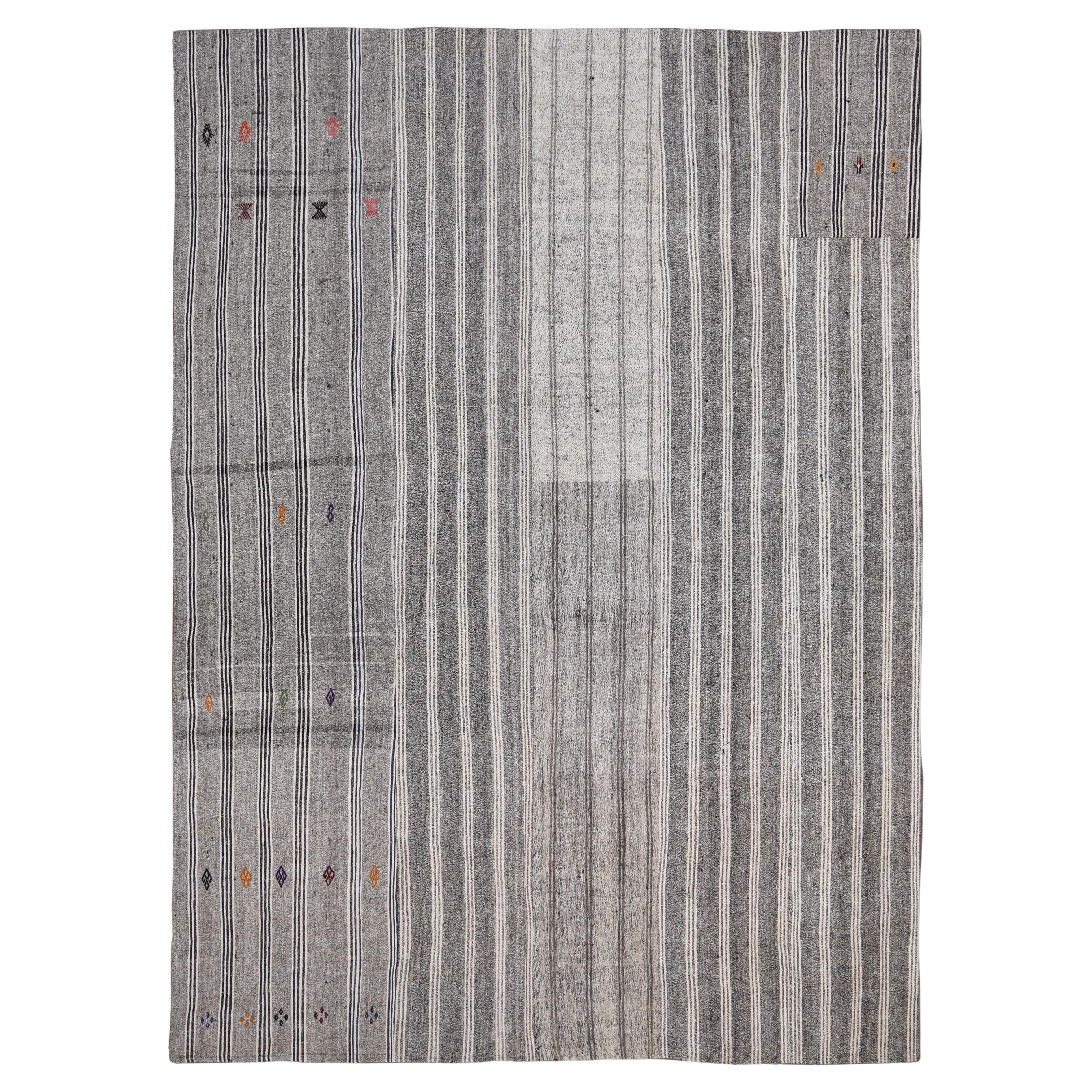 Vintage Gray and White Wool Hemp Striped Kilim Rug 10'1''x14'