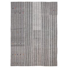 Vintage Gray and White Wool Hemp Striped Kilim Rug 10'1''x14'