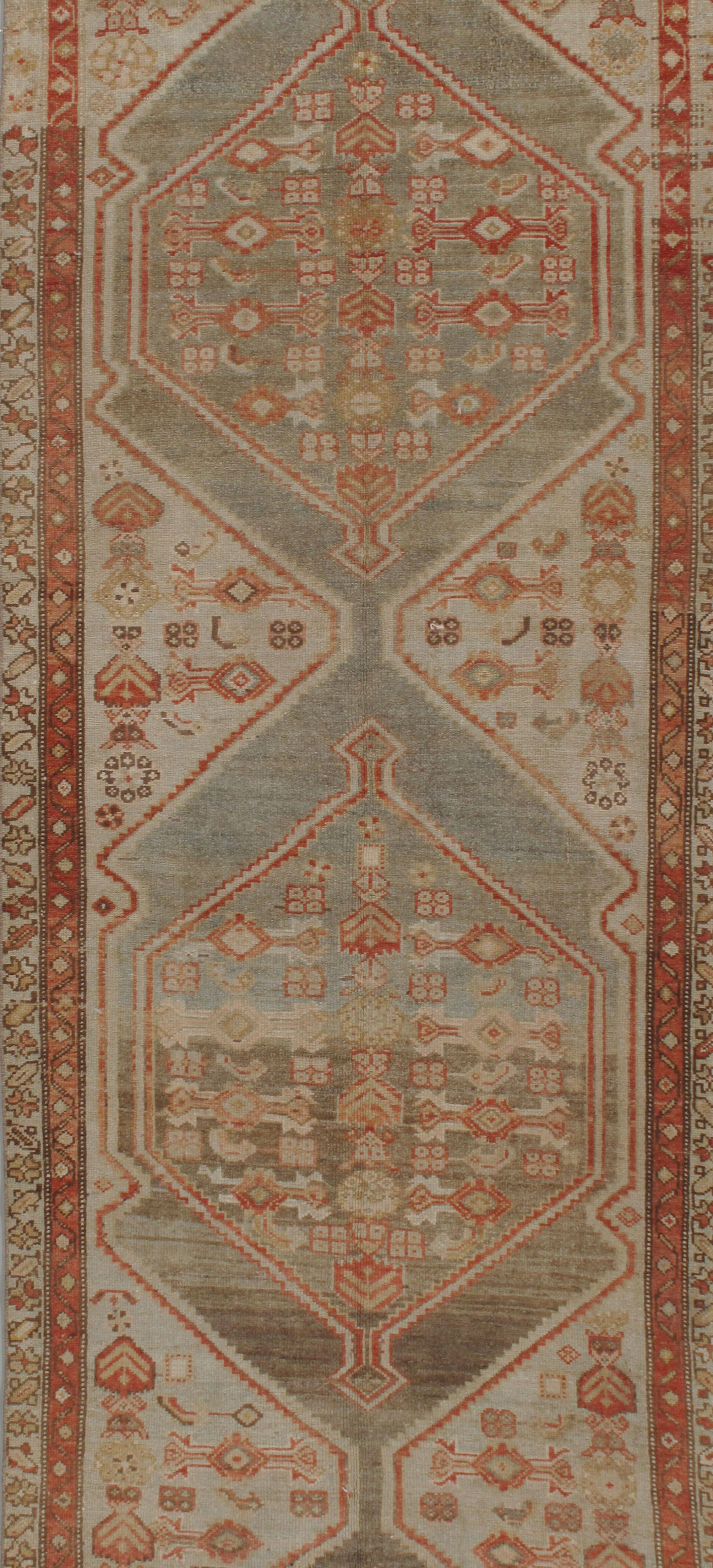 Tissé à la main Vintage Gray Blue Persian Malayer Runner 3'7 x 16'. en vente