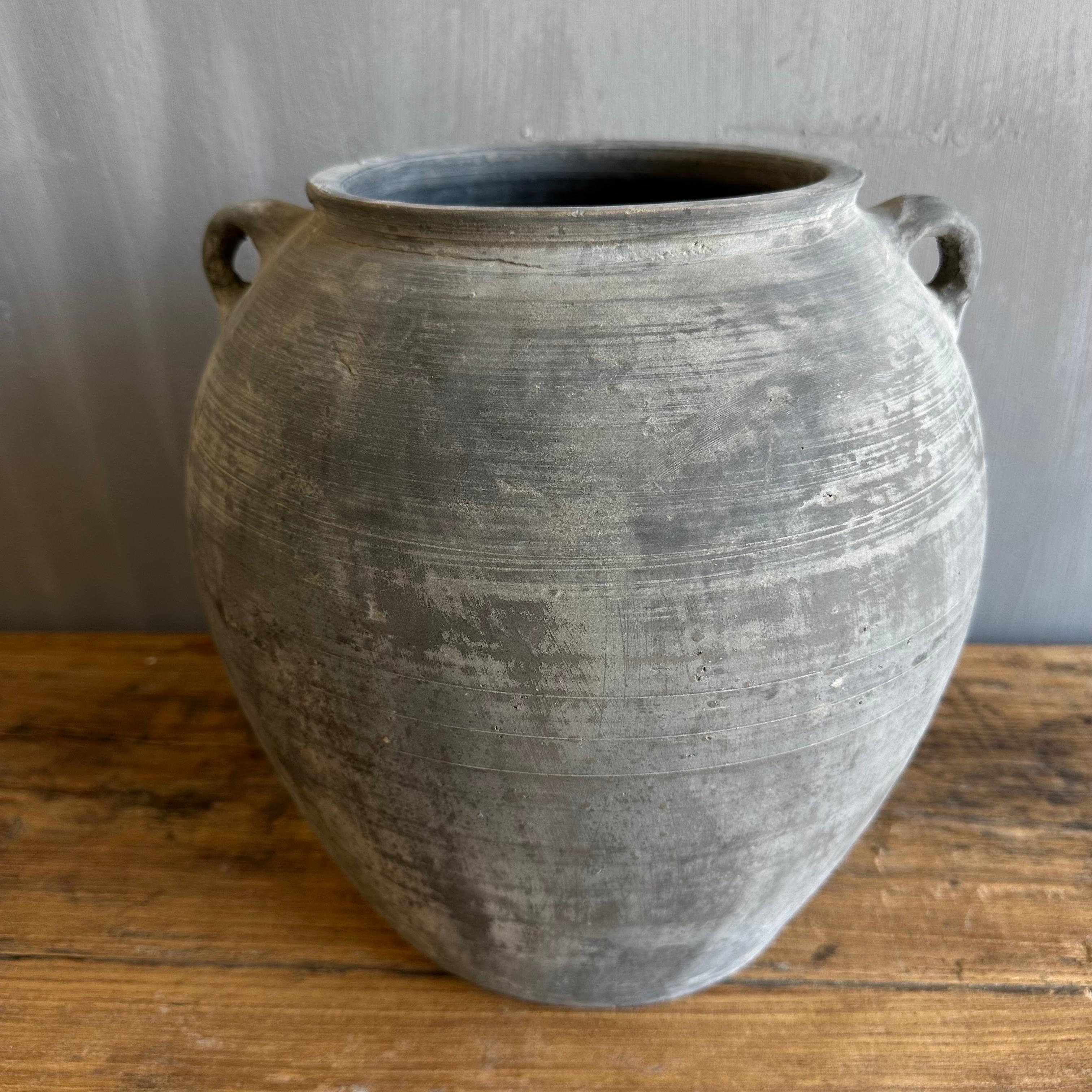 Vintage Gray Clay Weathered Pottery -2 Handled Pots In Good Condition In Brea, CA