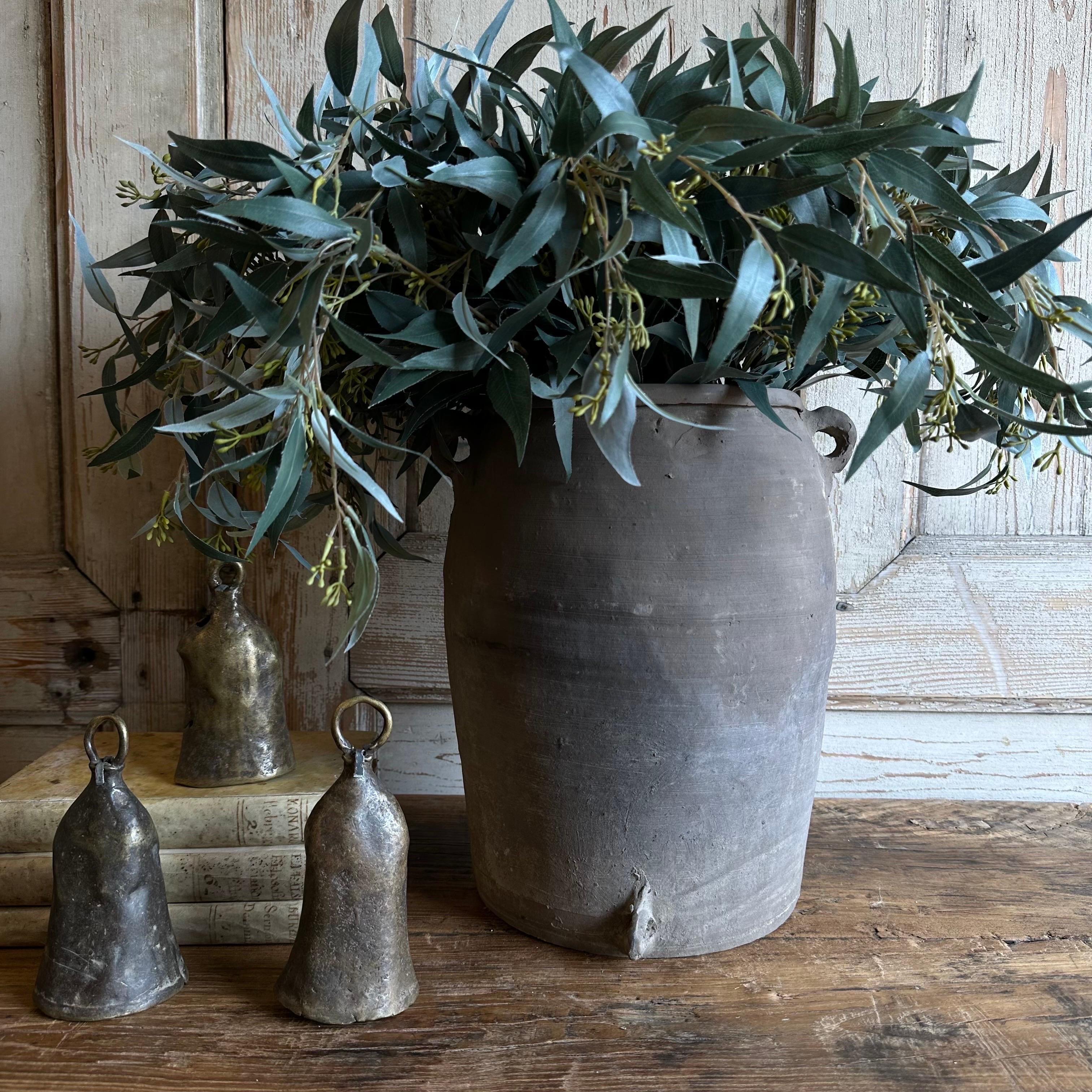 Vintage matte oil pots pottery rich in character, this vintage oil pot adds just the right amount of texture + warmth where you need it. Stunning matte finish with dark gray and light gray accents, with a washed antique look. Each piece is uniquely