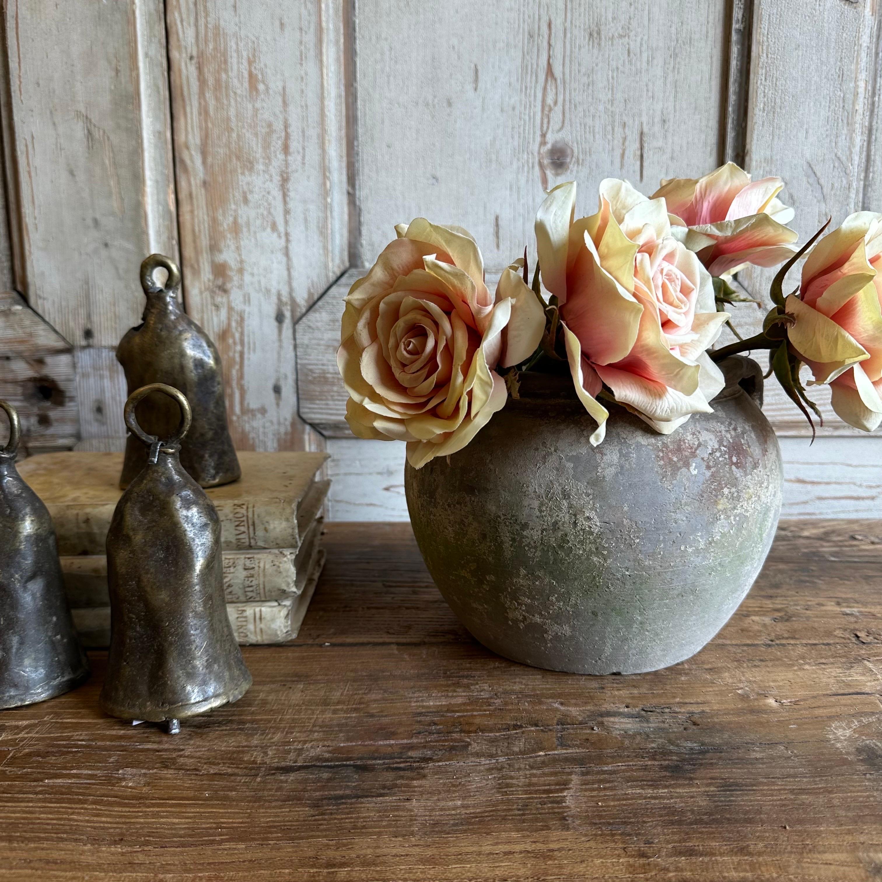 Vintage matte oil pots pottery rich in character, this vintage oil pot adds just the right amount of texture + warmth where you need it. Stunning matte finish with dark gray and light gray accents, with a washed antique look. Each piece is uniquely