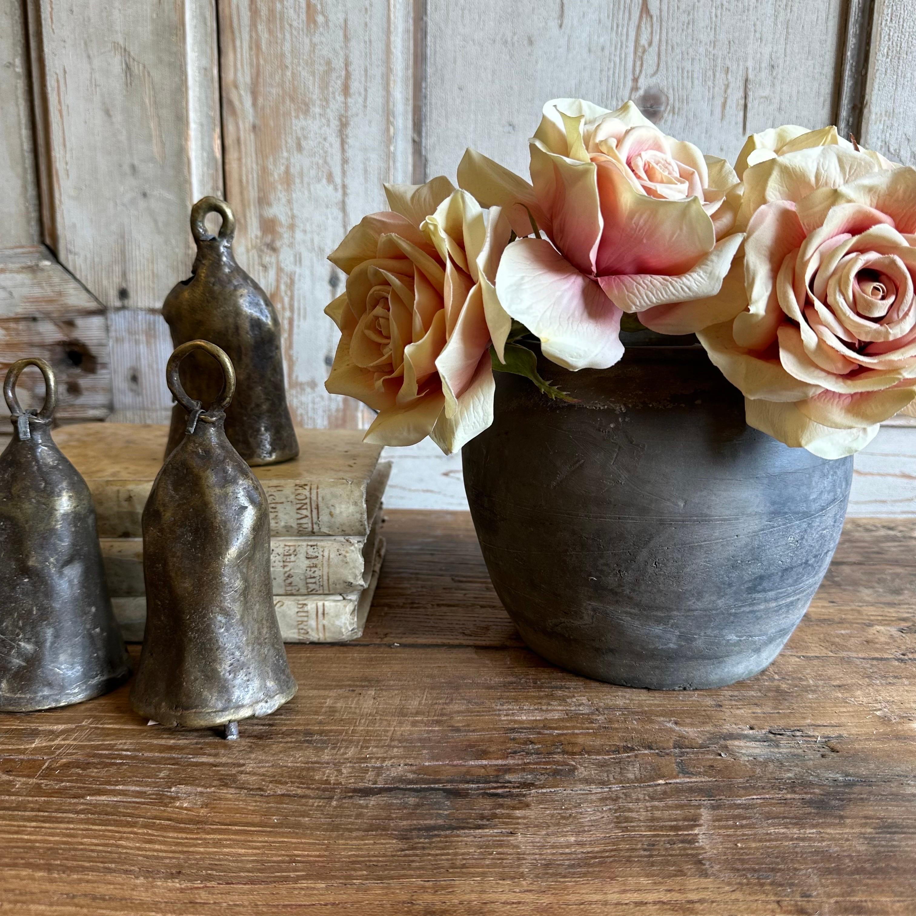 Vintage matte oil pots pottery rich in character, this vintage oil pot adds just the right amount of texture + warmth where you need it. Stunning matte finish with dark gray and light gray accents, with a washed antique look. Each piece is uniquely