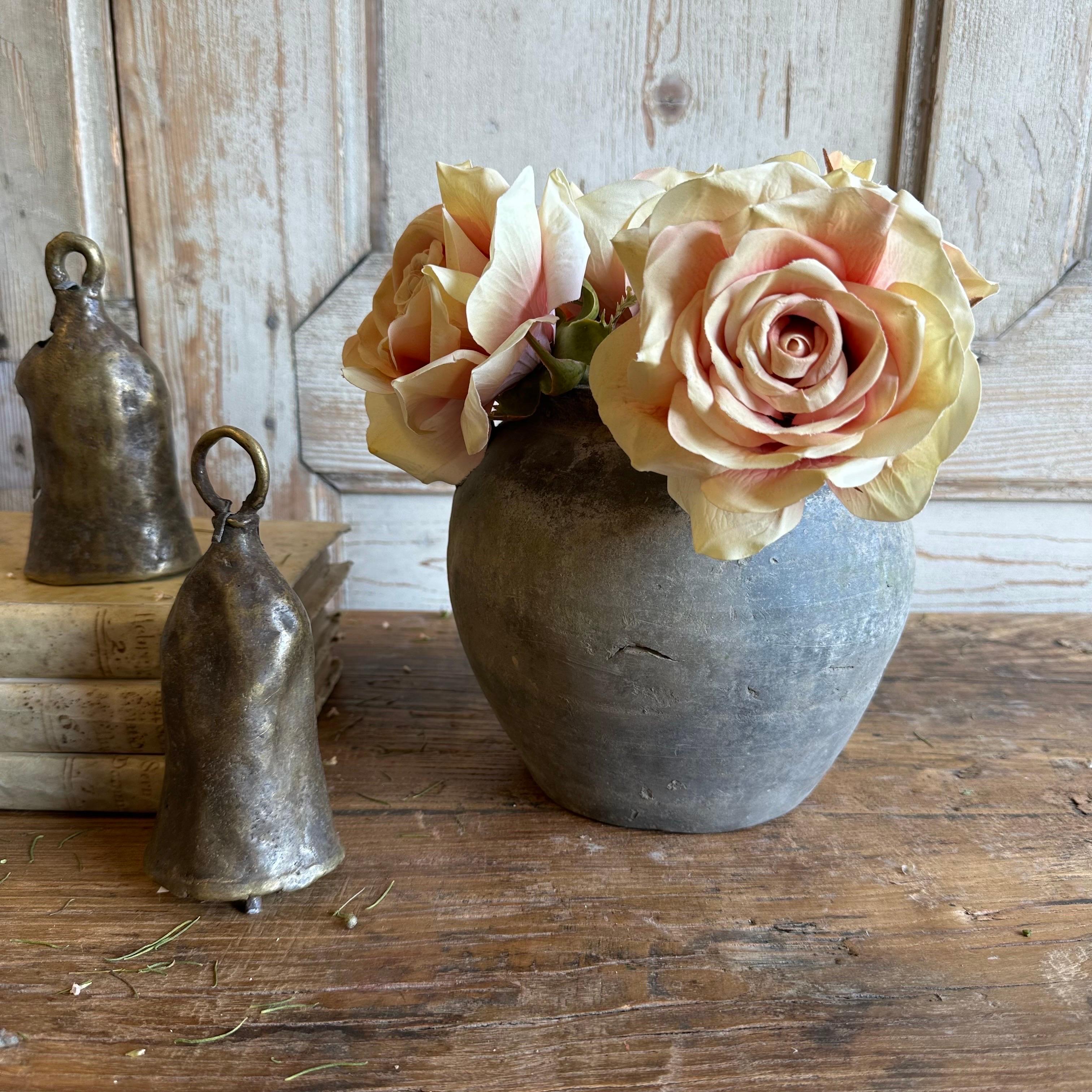 Vintage matte oil pots pottery rich in character, this vintage oil pot adds just the right amount of texture + warmth where you need it. Stunning matte finish with dark gray and light gray accents, with a washed antique look. Each piece is uniquely
