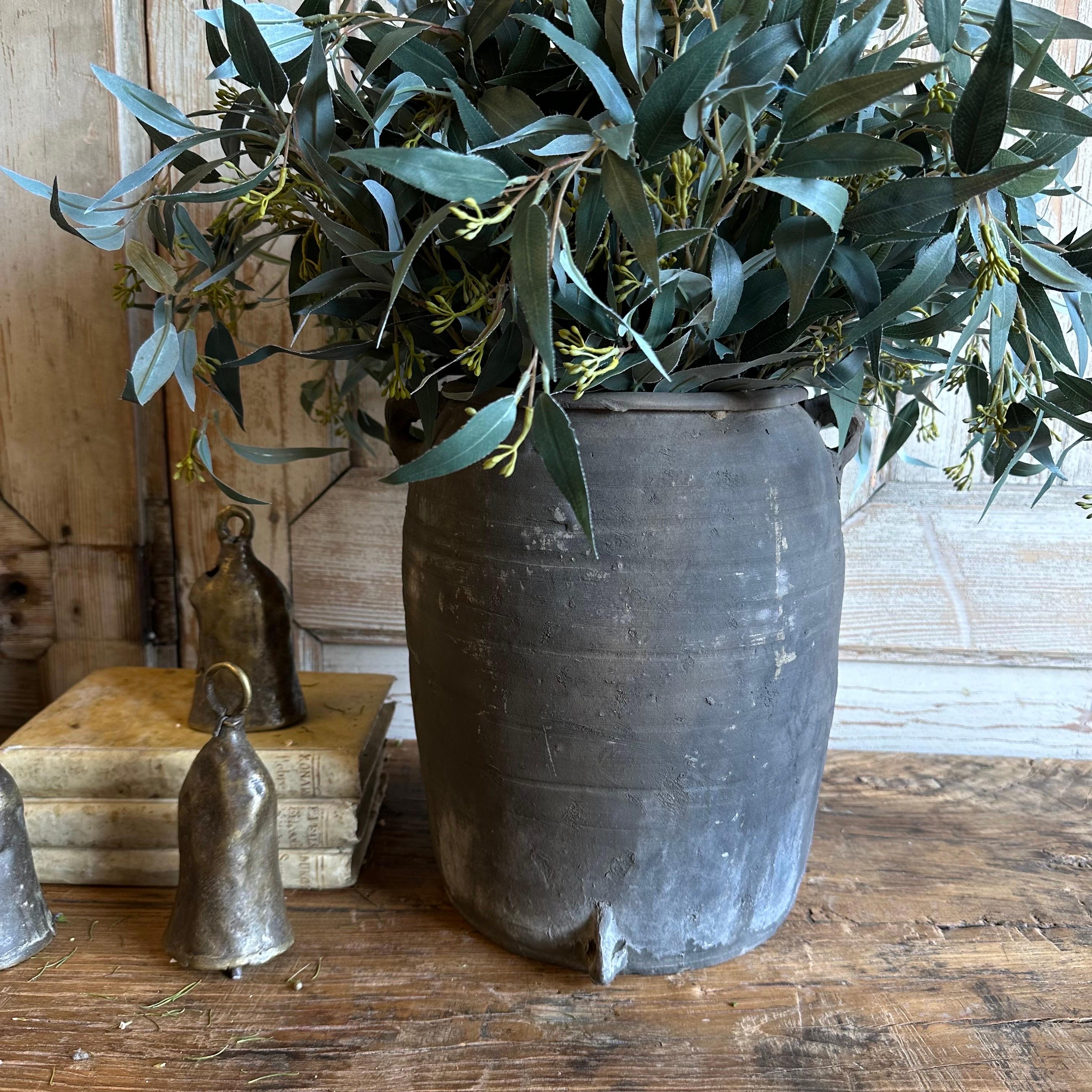 Vintage matte oil pots pottery rich in character, this vintage oil pot adds just the right amount of texture + warmth where you need it. Stunning matte finish with dark gray and light gray accents, with a washed antique look. Each piece is uniquely