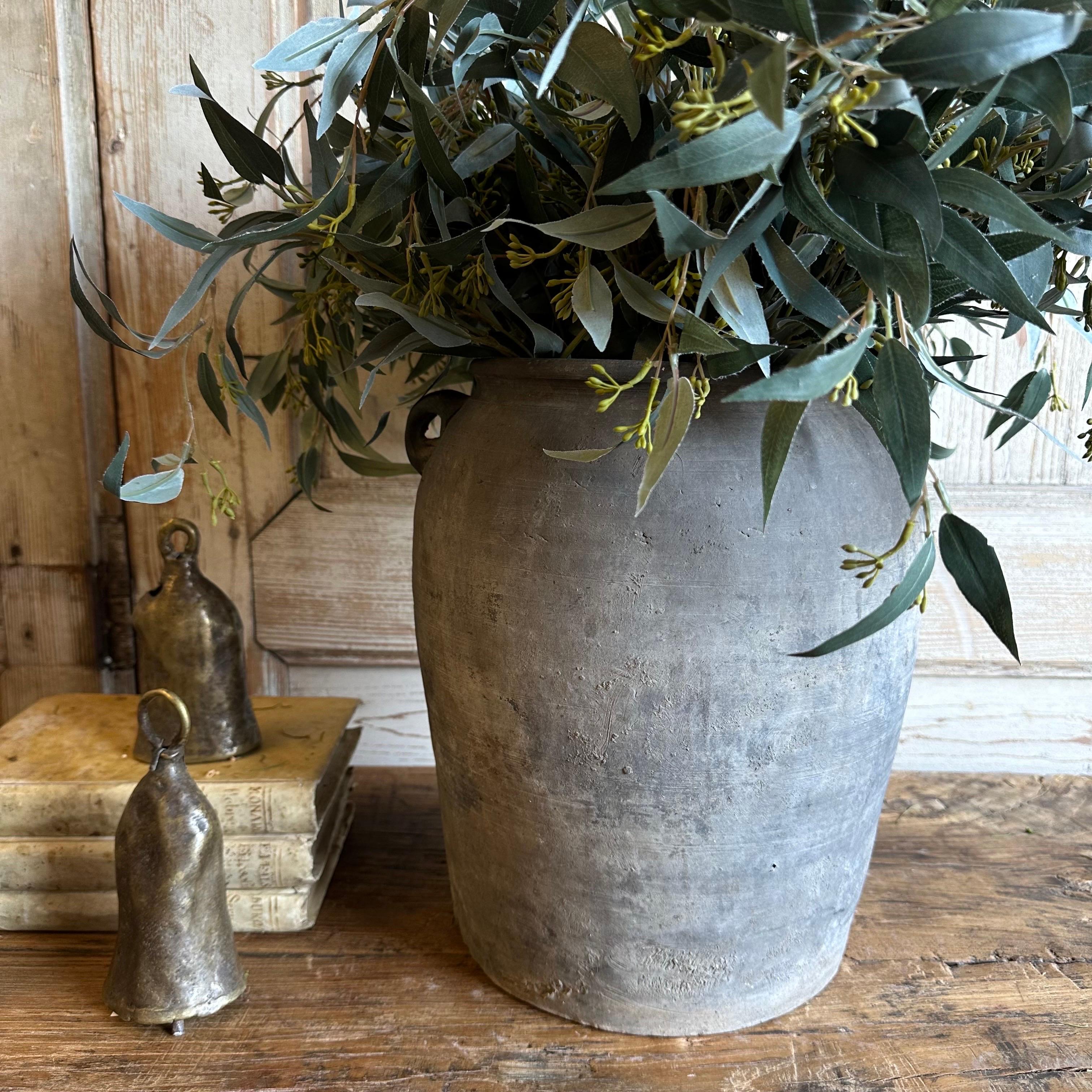 Vintage matte oil pots pottery rich in character, this vintage oil pot adds just the right amount of texture + warmth where you need it. Stunning matte finish with dark gray and light gray accents, with a washed antique look. Each piece is uniquely