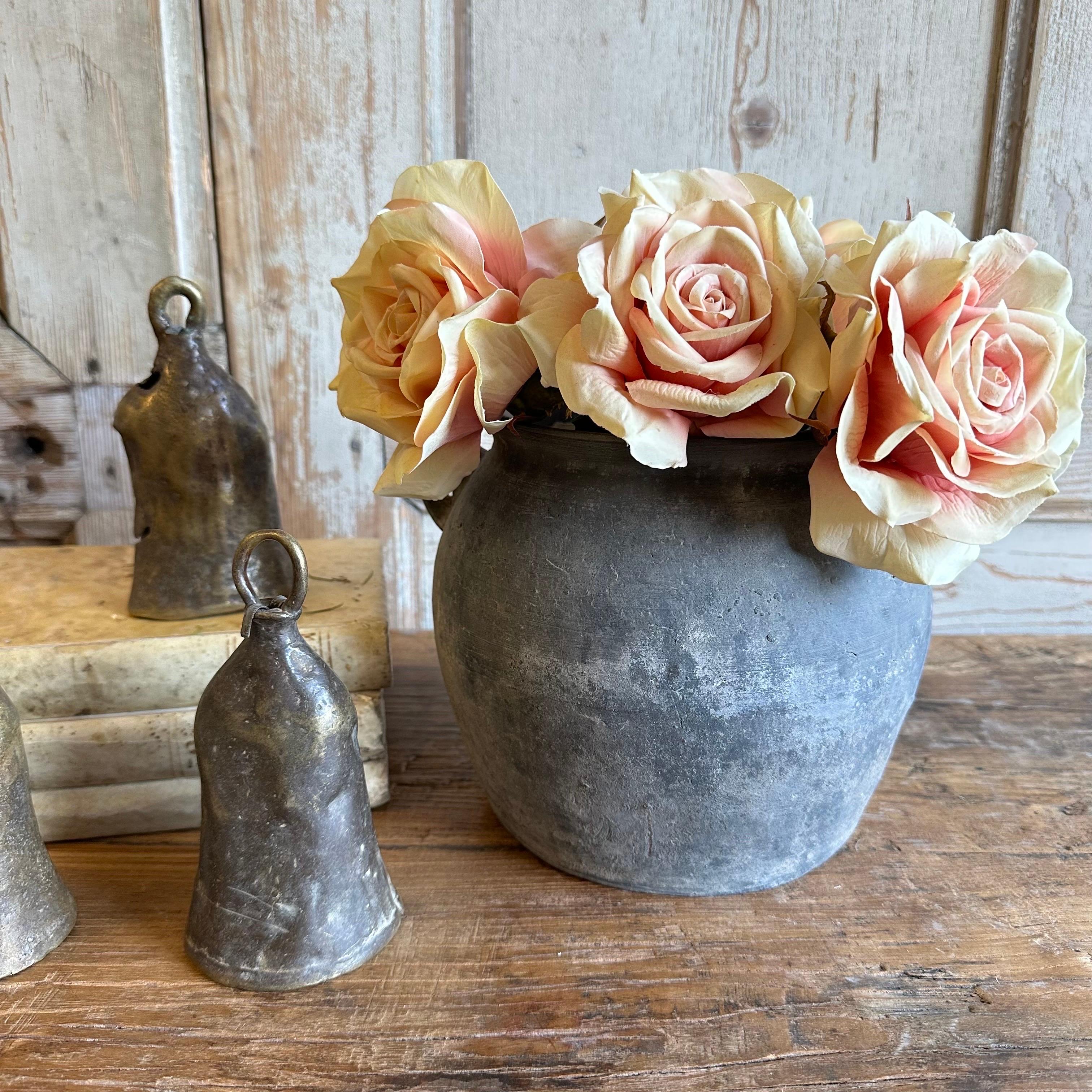 Vintage matte oil pots pottery rich in character, this vintage oil pot adds just the right amount of texture + warmth where you need it. Stunning matte finish with dark gray and light gray accents, with a washed antique look. Each piece is uniquely