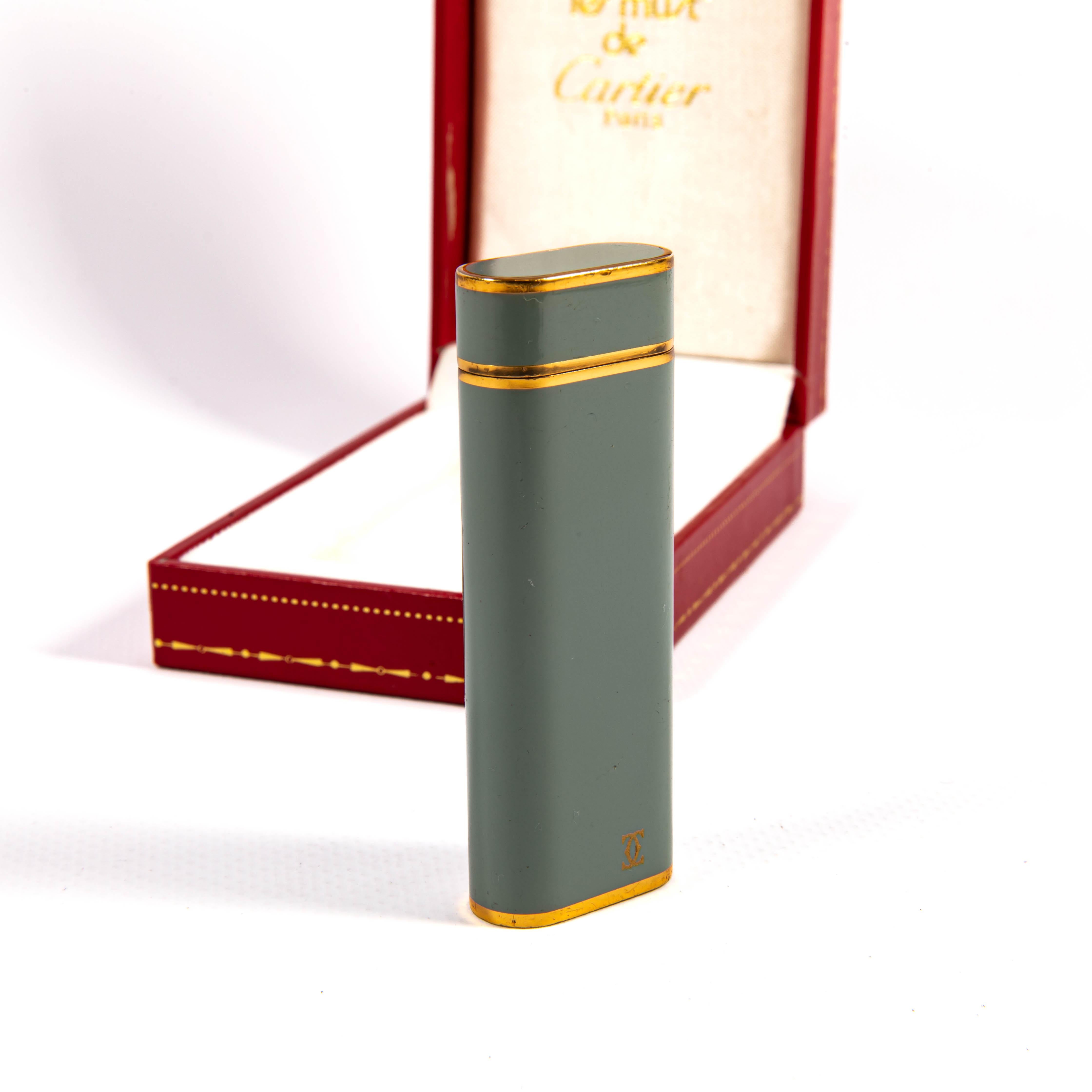 Vintage Gray Lacquered Cartier Les Must Lighter in Box 1970s For Sale 1