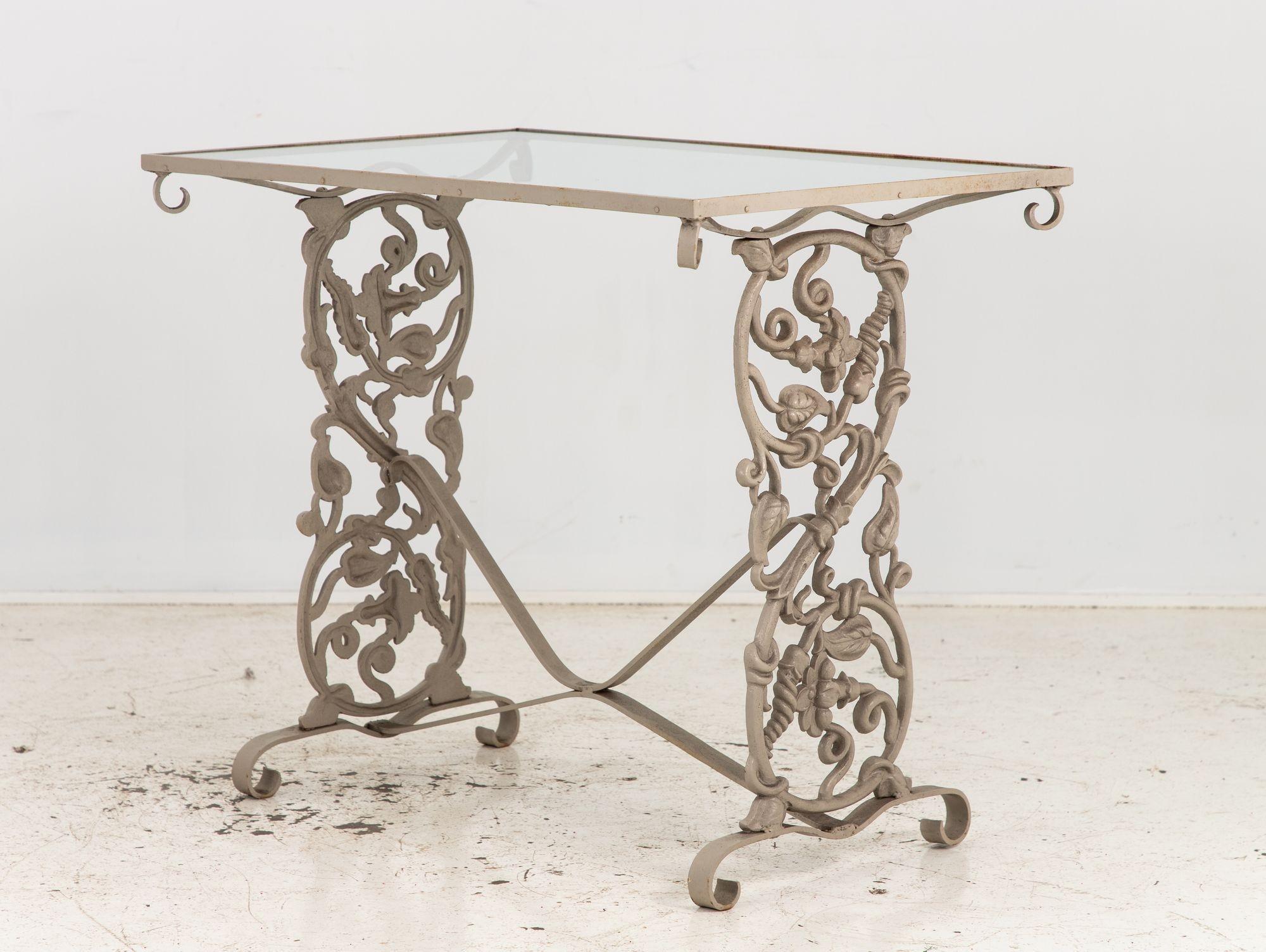 Vintage Gray Painted Iron Garden Table Console For Sale 6