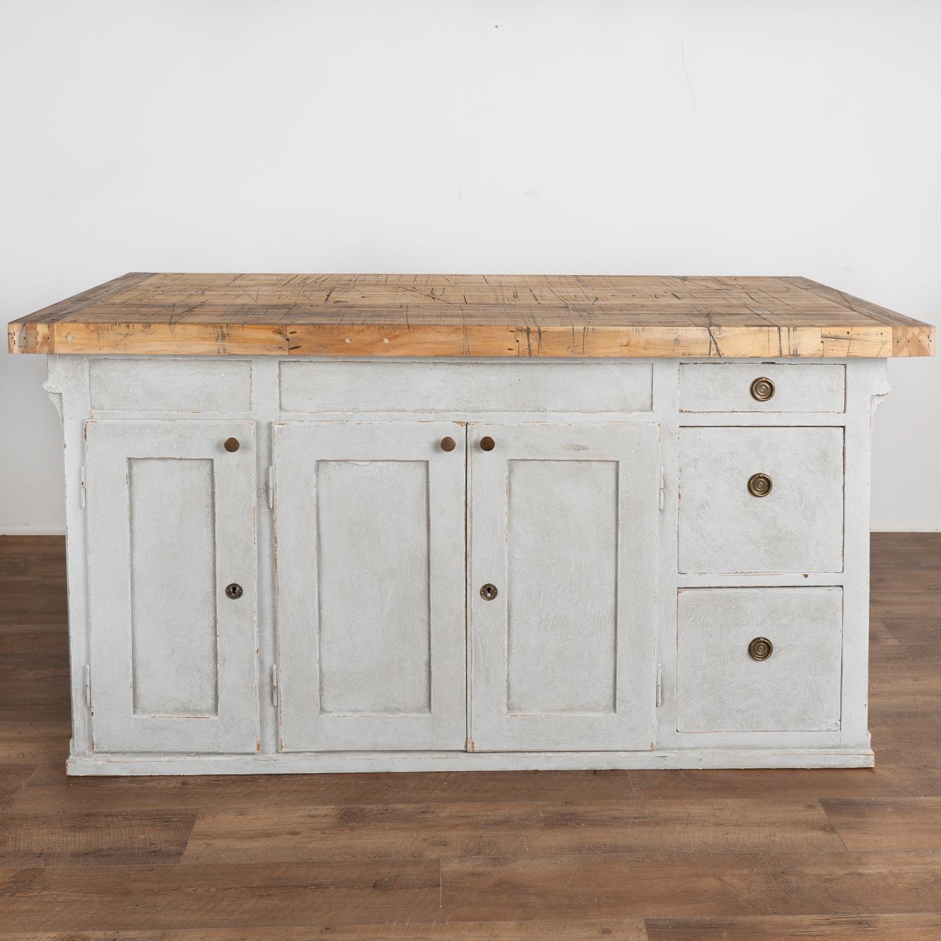 Country Vintage Gray Painted Shop Counter Free Standing Kitchen Island, Sweden circa 186