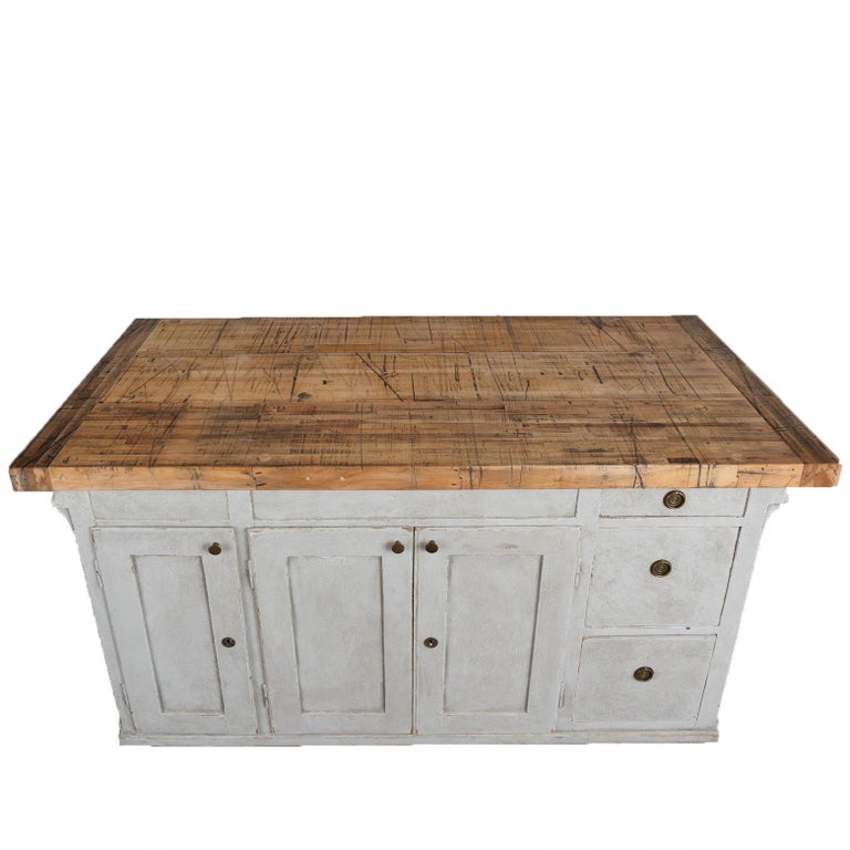 Vintage Gray Painted Shop Counter Free Standing Kitchen Island, Sweden