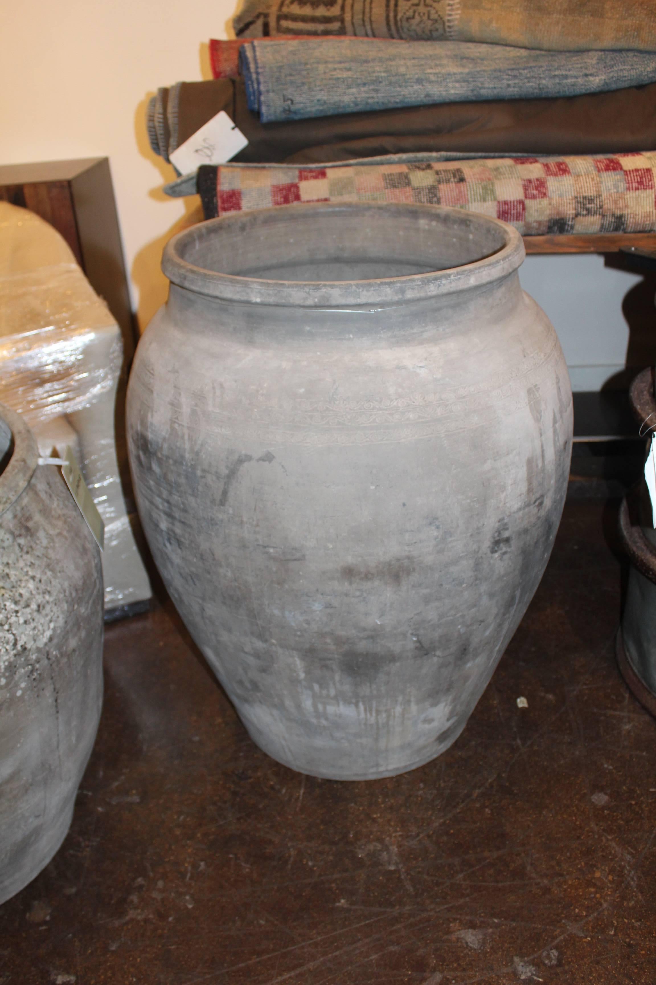 Vintage gray terracotta large pot.