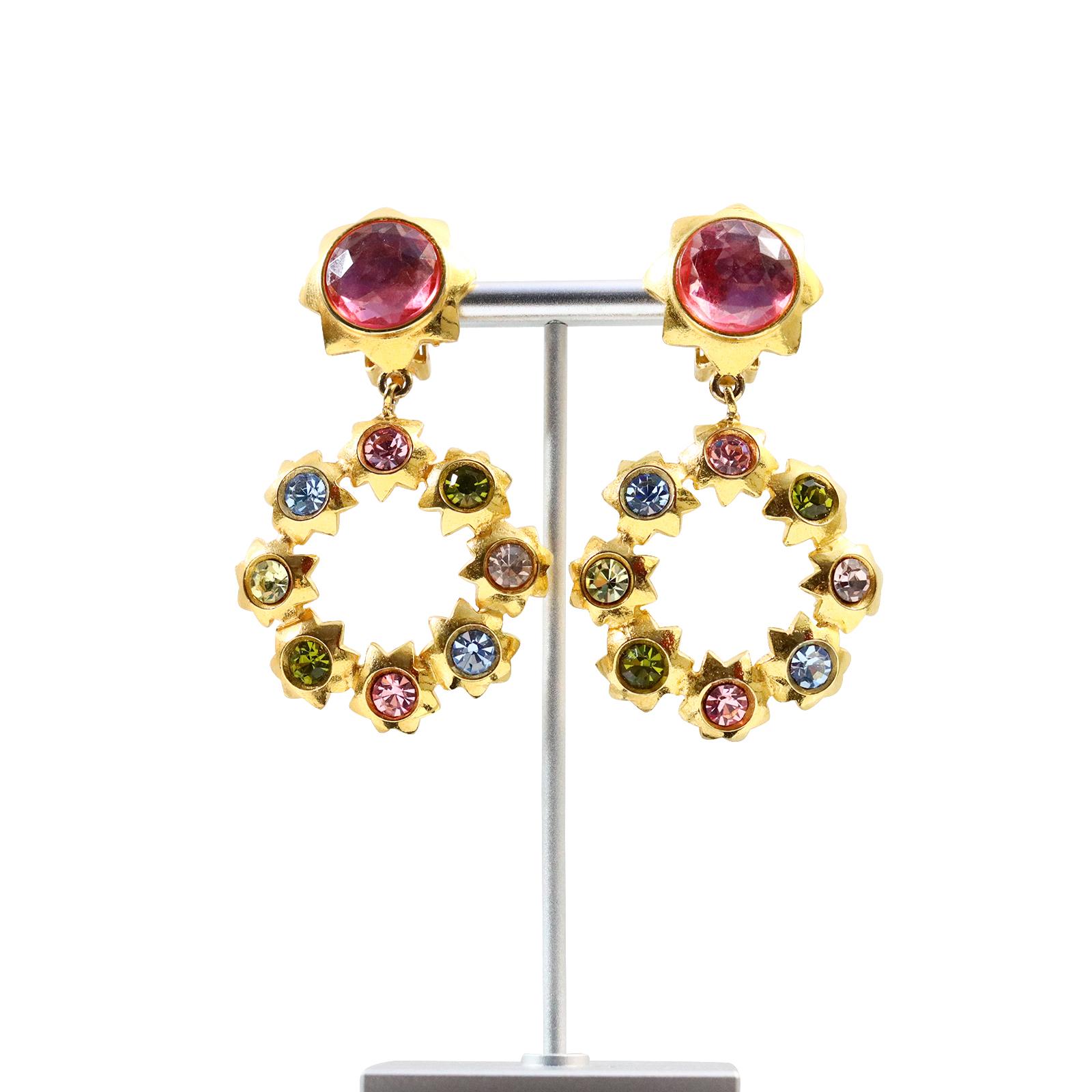 Vintage Graziano Gold and Crystal Multicolor Dangling Hoop Earrings Circa 1980s In Good Condition For Sale In New York, NY