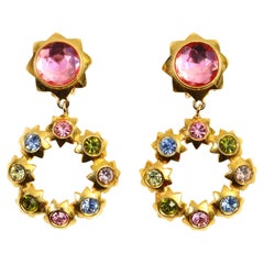 Graziano, boucles d'oreilles pendantes vintage en or et cristal multicolores, circa 1980