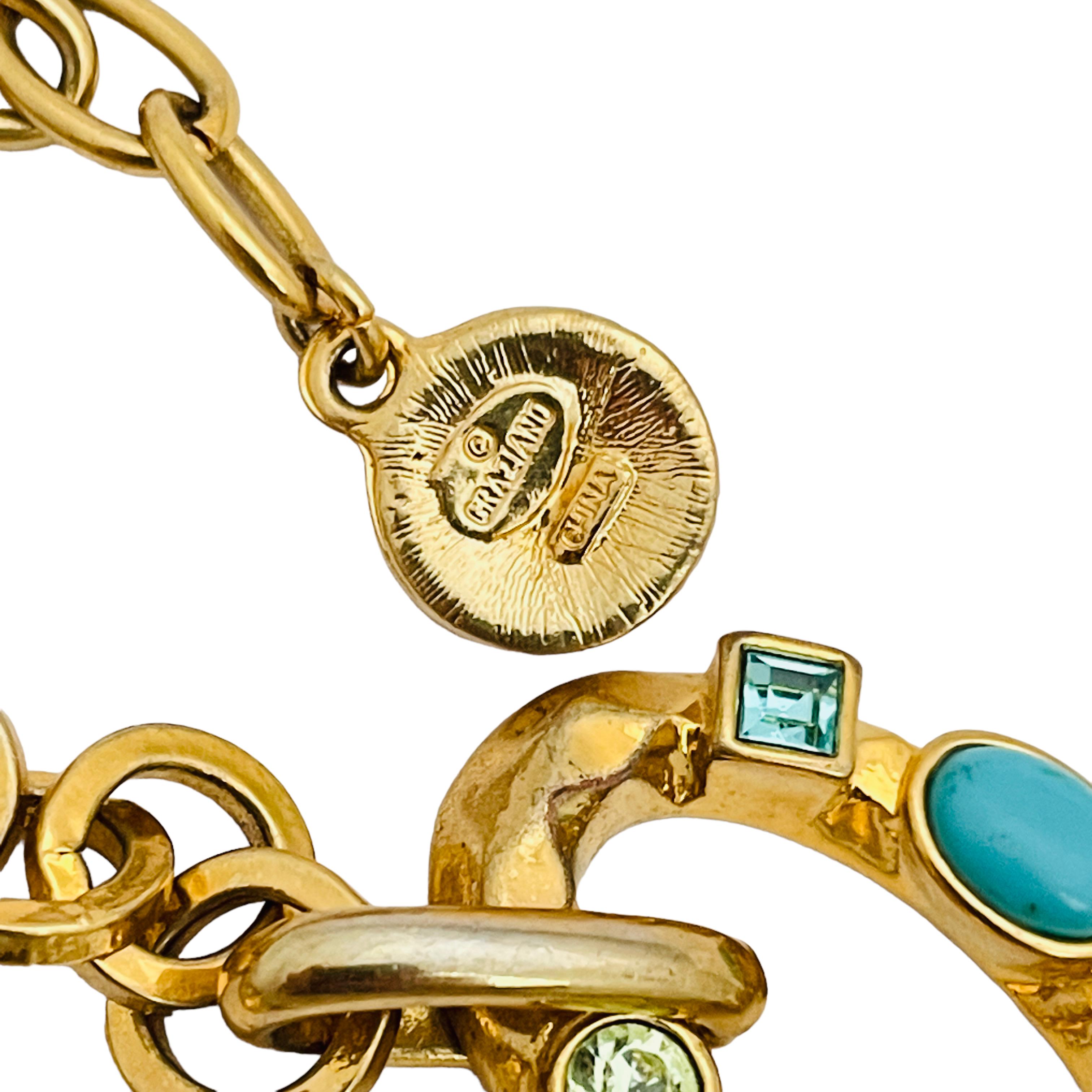 Vintage GRAZIANO Designer-Laufsteg-Halskette aus Gold mit Türkis-Strass im Zustand „Gut“ im Angebot in Palos Hills, IL