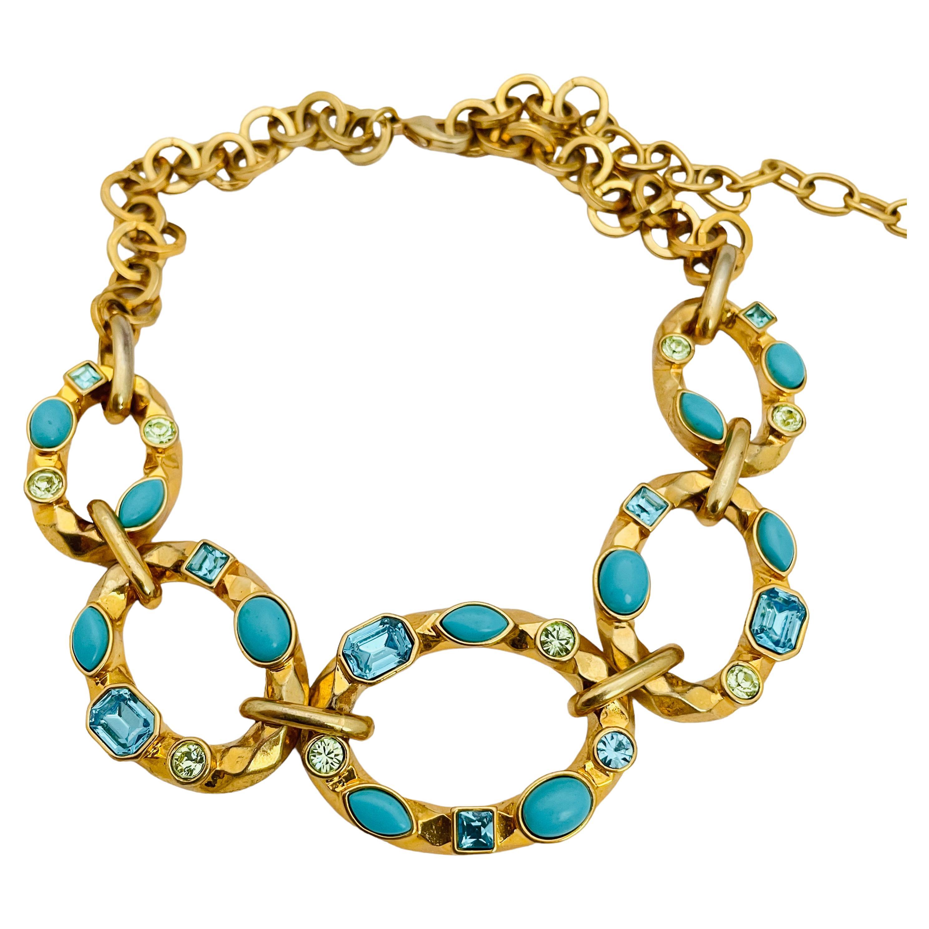 Vintage GRAZIANO Designer-Laufsteg-Halskette aus Gold mit Türkis-Strass im Angebot