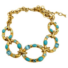 Vintage GRAZIANO gold turquoise rhinestone designer runway necklace