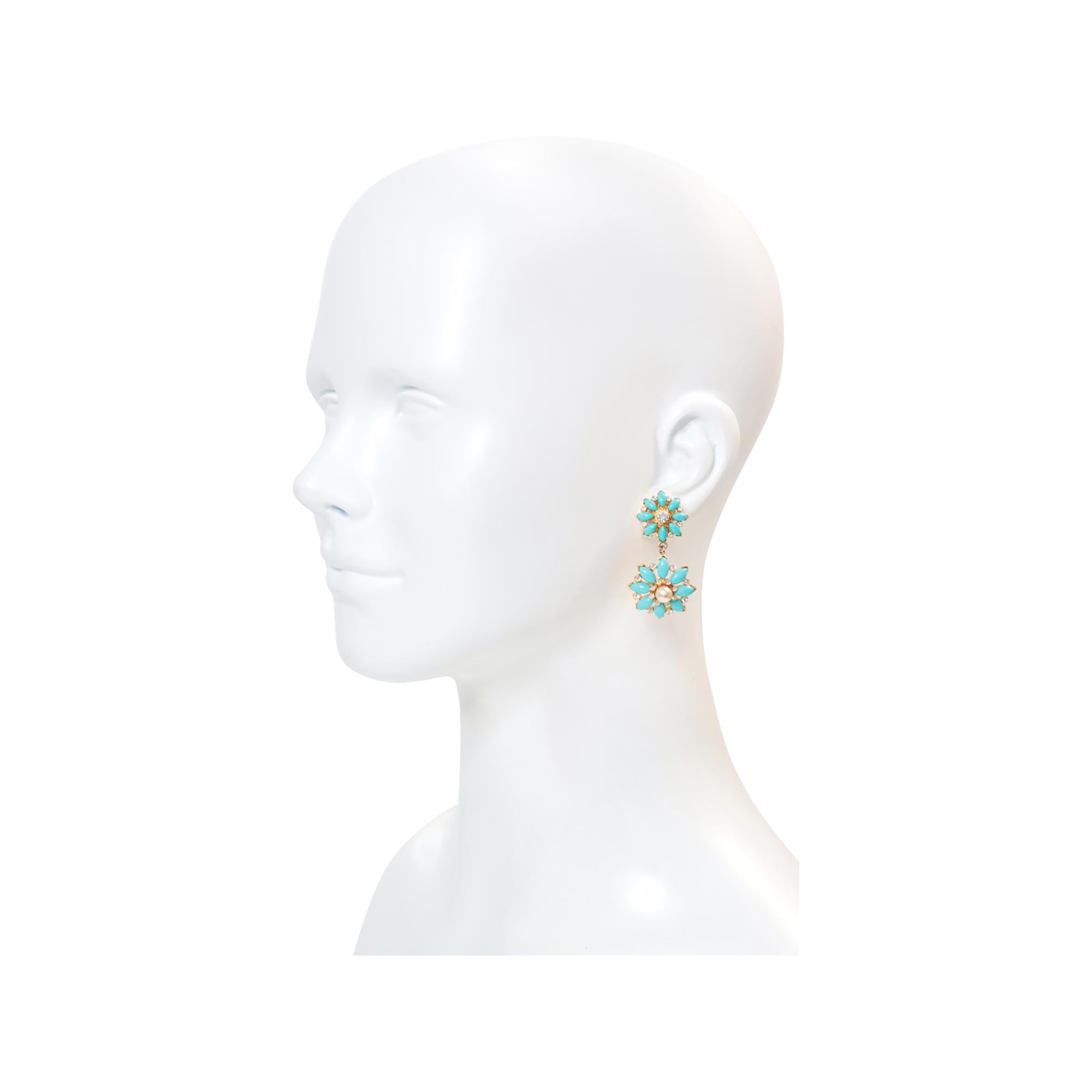 Modern Vintage Graziano Gold With Faux Turquoise and Faux Pearl Earrings Circa 1980s For Sale