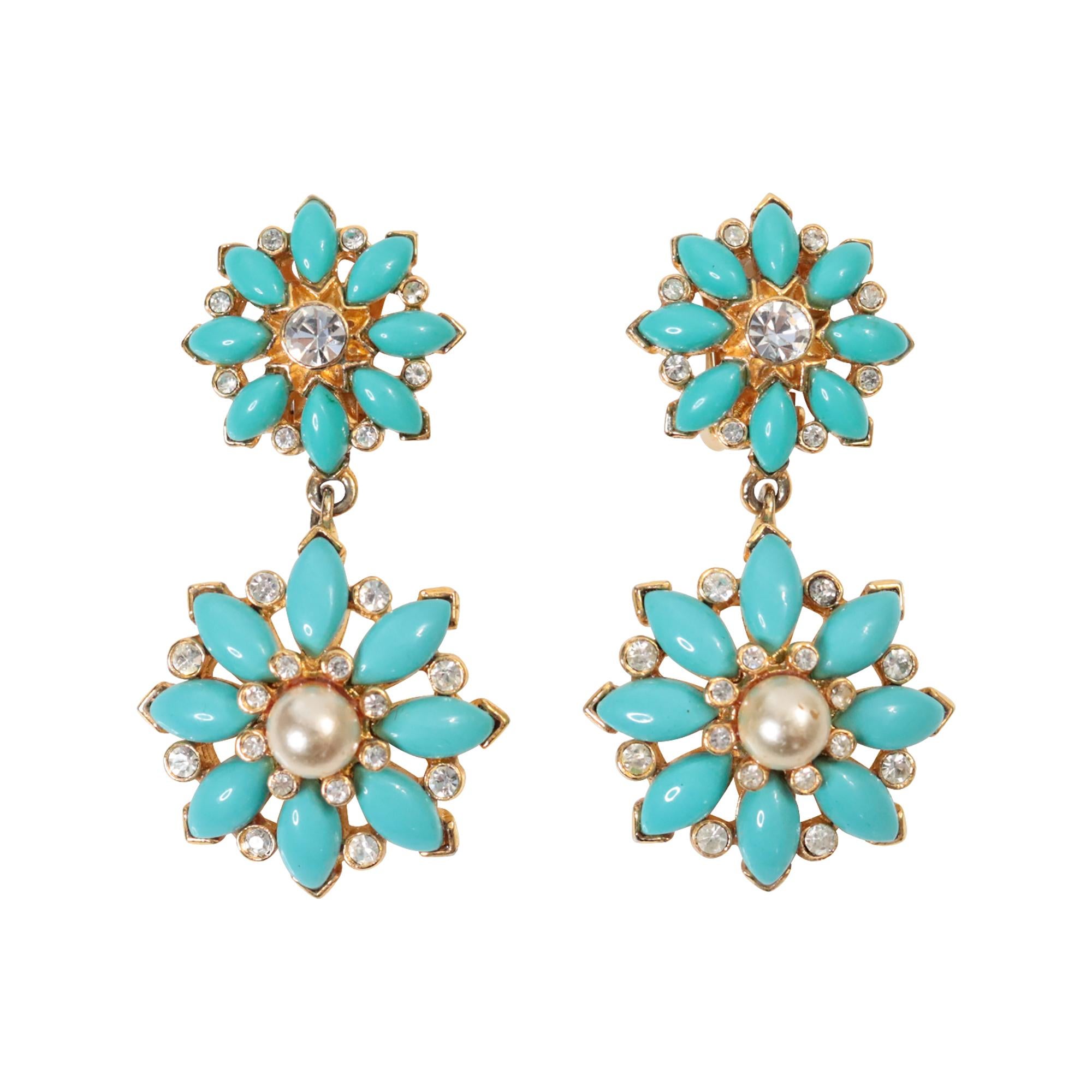 Vintage Graziano Gold With Faux Turquoise and Faux Pearl Earrings Circa 1980s.  These earrings feature faux turquoise, faux pearls, and diamantes to create a combination that is both dazzling and grounding.  All of the elements together make it