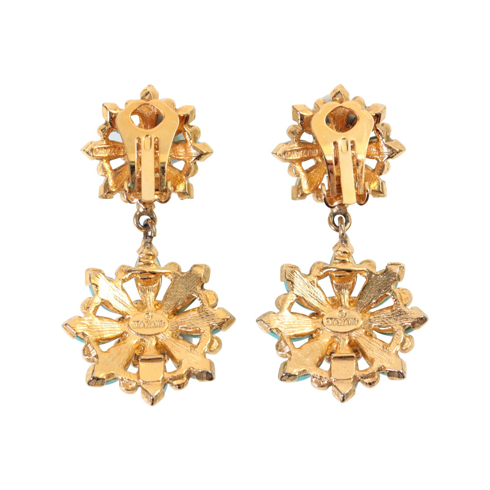 Pendientes vintage Graziano de oro con turquesa de imitación y perla de imitación Circa años 80 en venta 1