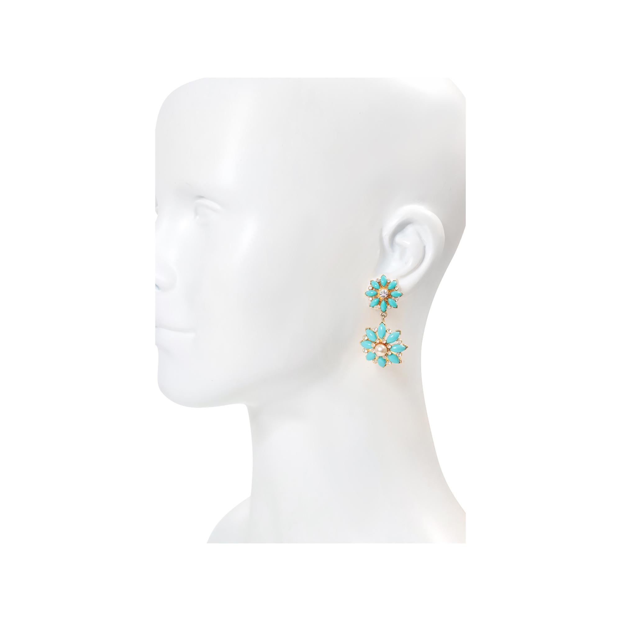 Vintage Graziano Gold With Faux Turquoise and Faux Pearl Earrings Circa 1980s In Good Condition For Sale In New York, NY