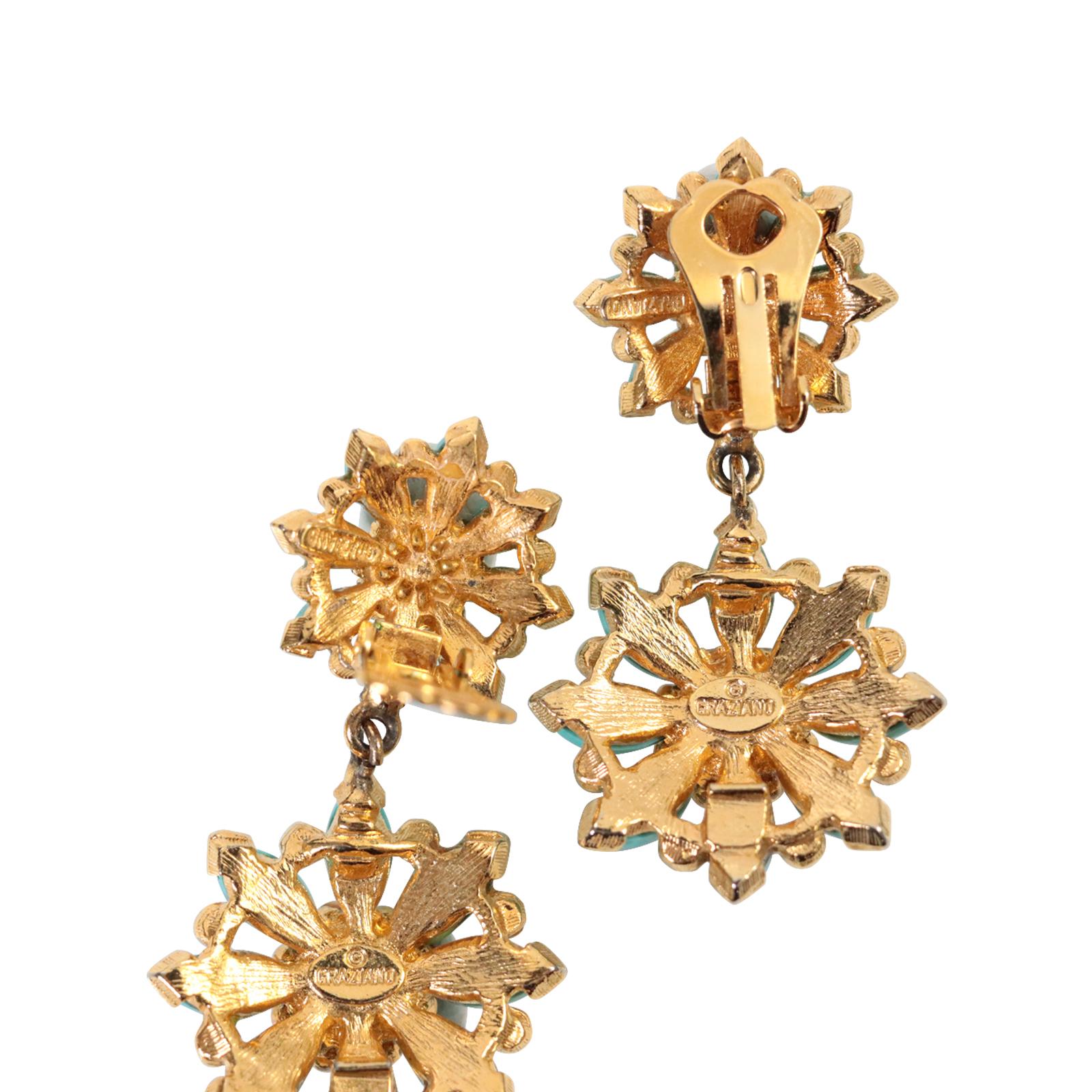 Pendientes vintage Graziano de oro con turquesa de imitación y perla de imitación Circa años 80 en venta 2