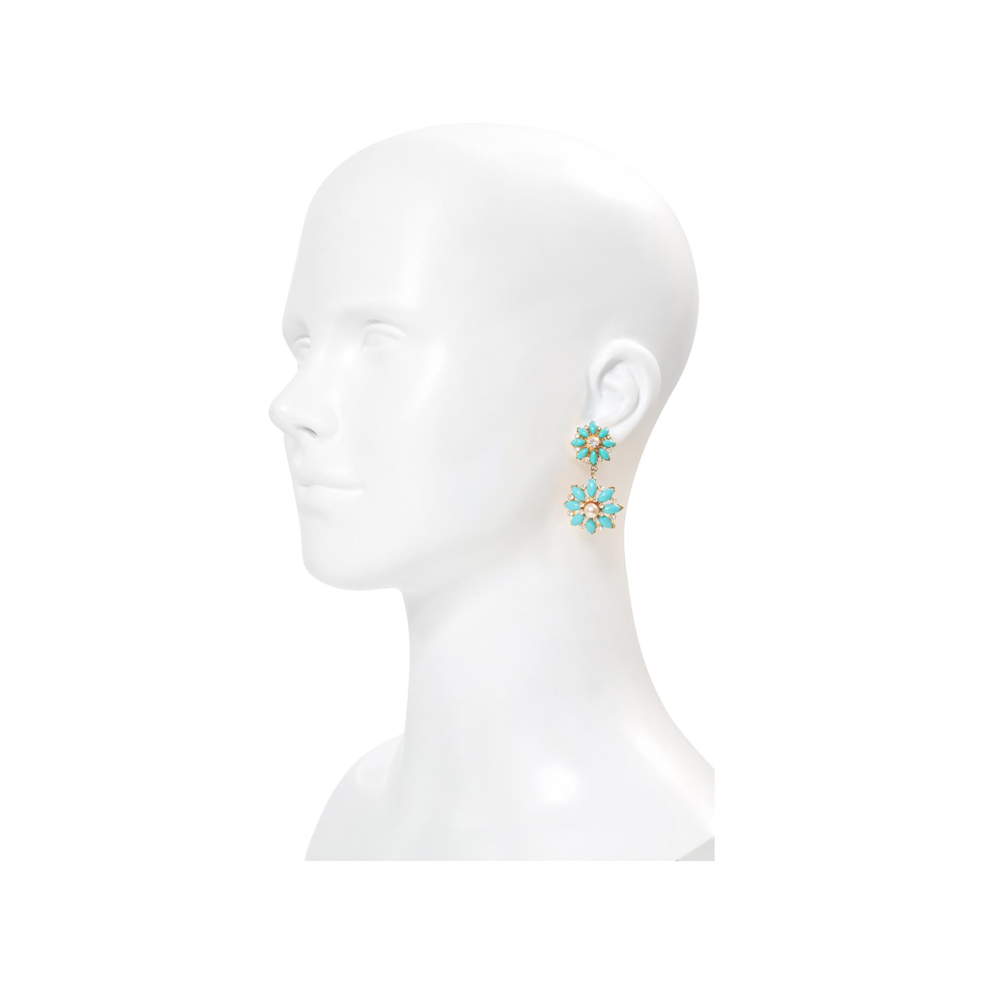 Women's or Men's Vintage Graziano Gold With Faux Turquoise and Faux Pearl Earrings Circa 1980s For Sale