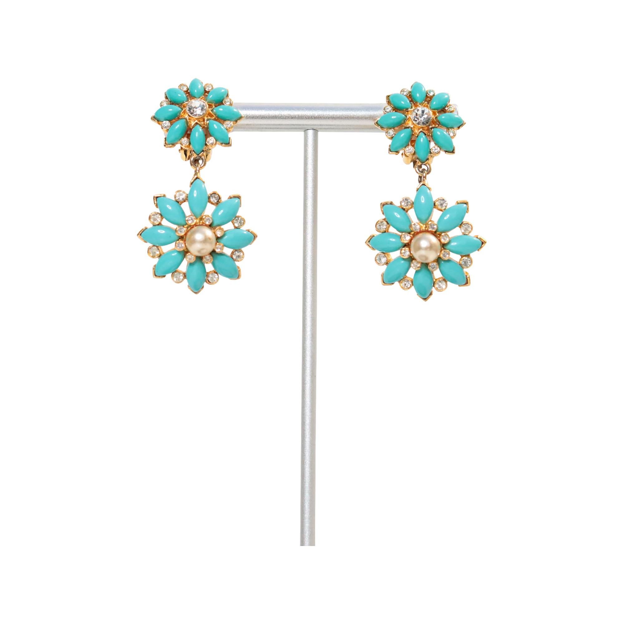 Vintage Graziano Gold With Faux Turquoise and Faux Pearl Earrings Circa 1980s For Sale 3