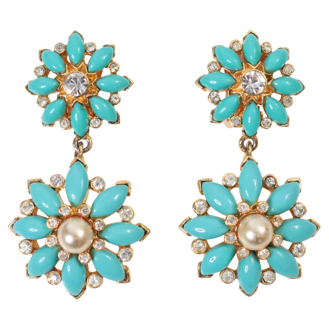 Vintage Graziano Gold With Faux Turquoise and Faux Pearl Earrings Circa 1980s