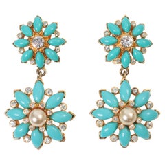 Vintage Graziano Gold With Faux Turquoise and Faux Pearl Earrings Circa 1980s