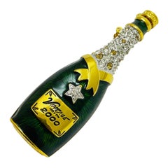 Vintage GRAZIANO signed gold tone rhinestone enamel champagne bottle brooch