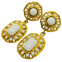 Vintage GRAZIANO signed gold tone white glass designer runway earrings