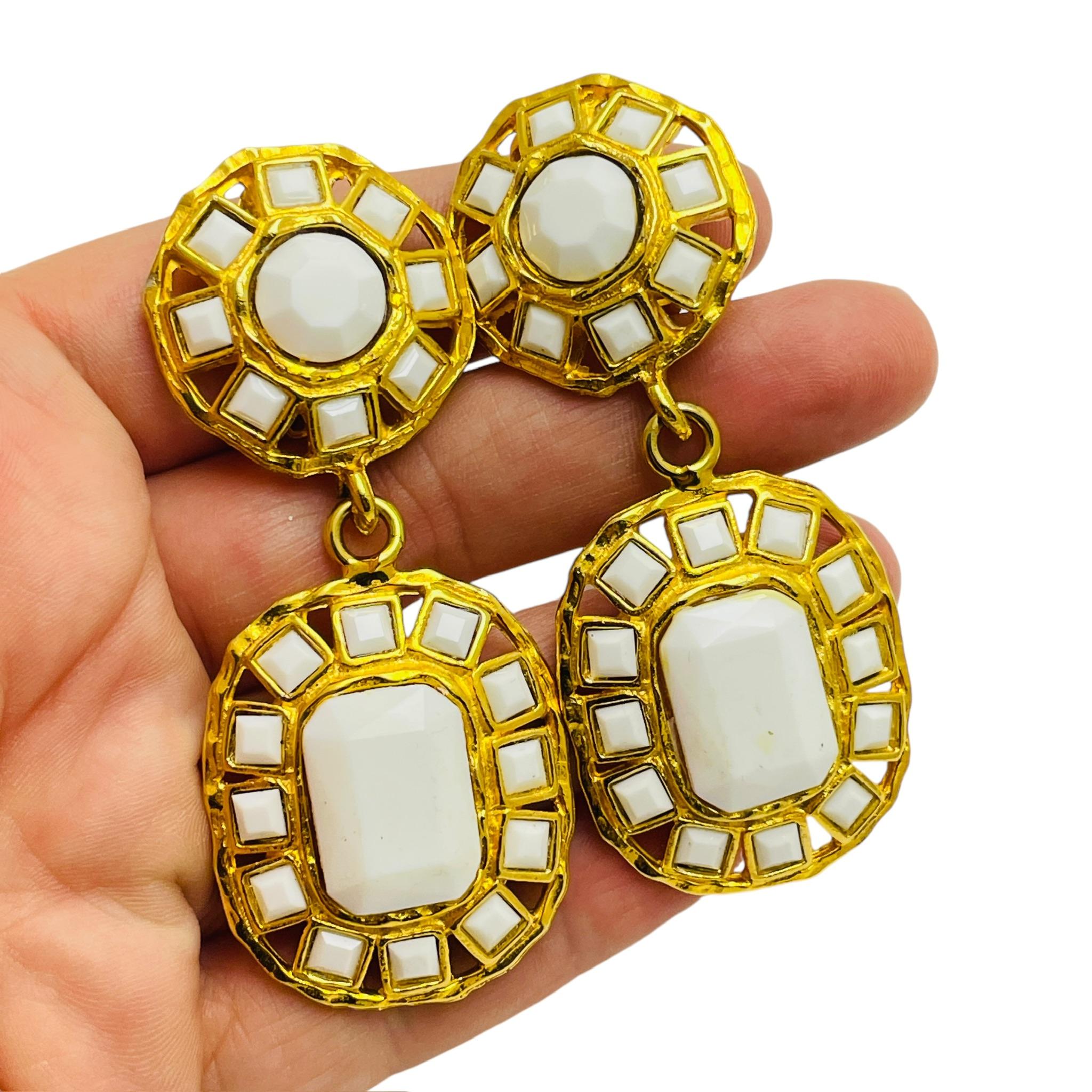 Women's Vintage GRAZIANO signed gold tone white glass designer runway earrings For Sale