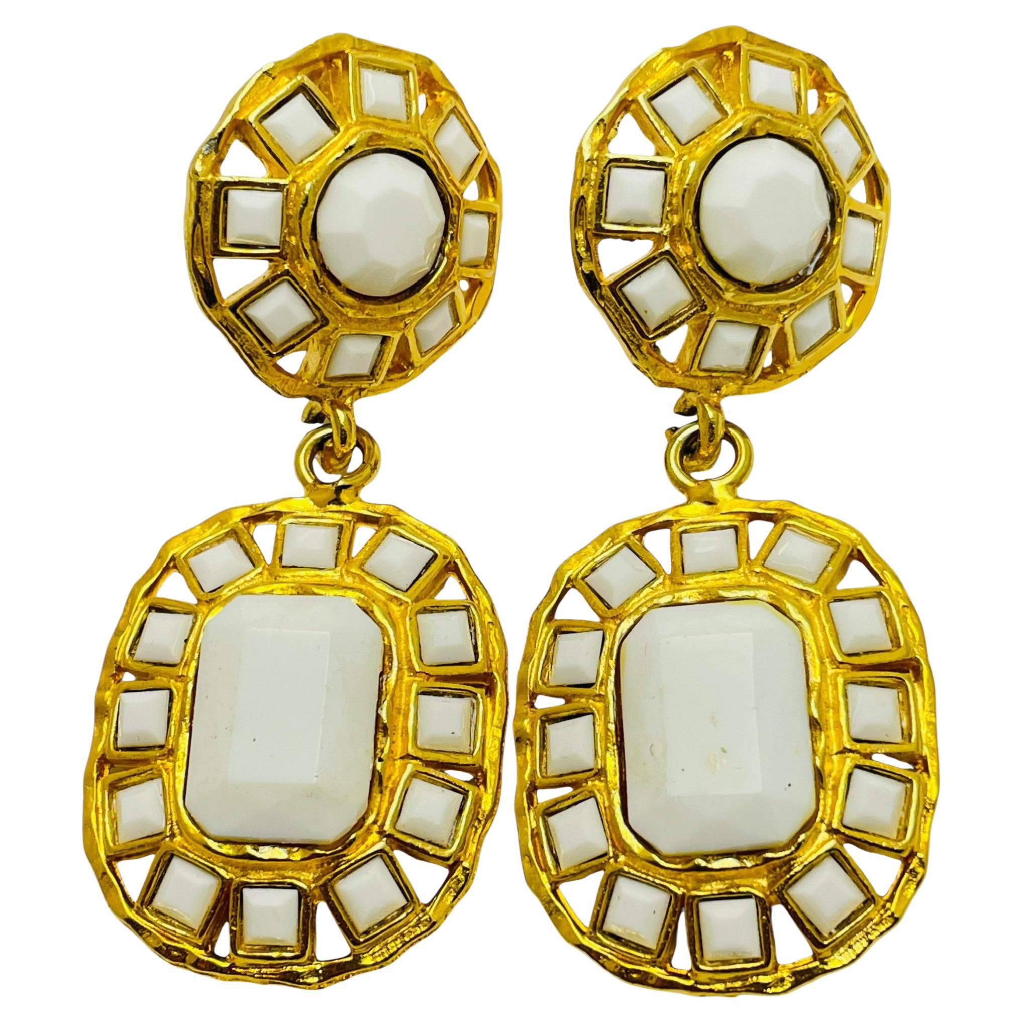 Vintage GRAZIANO signed gold tone white glass designer runway earrings For Sale