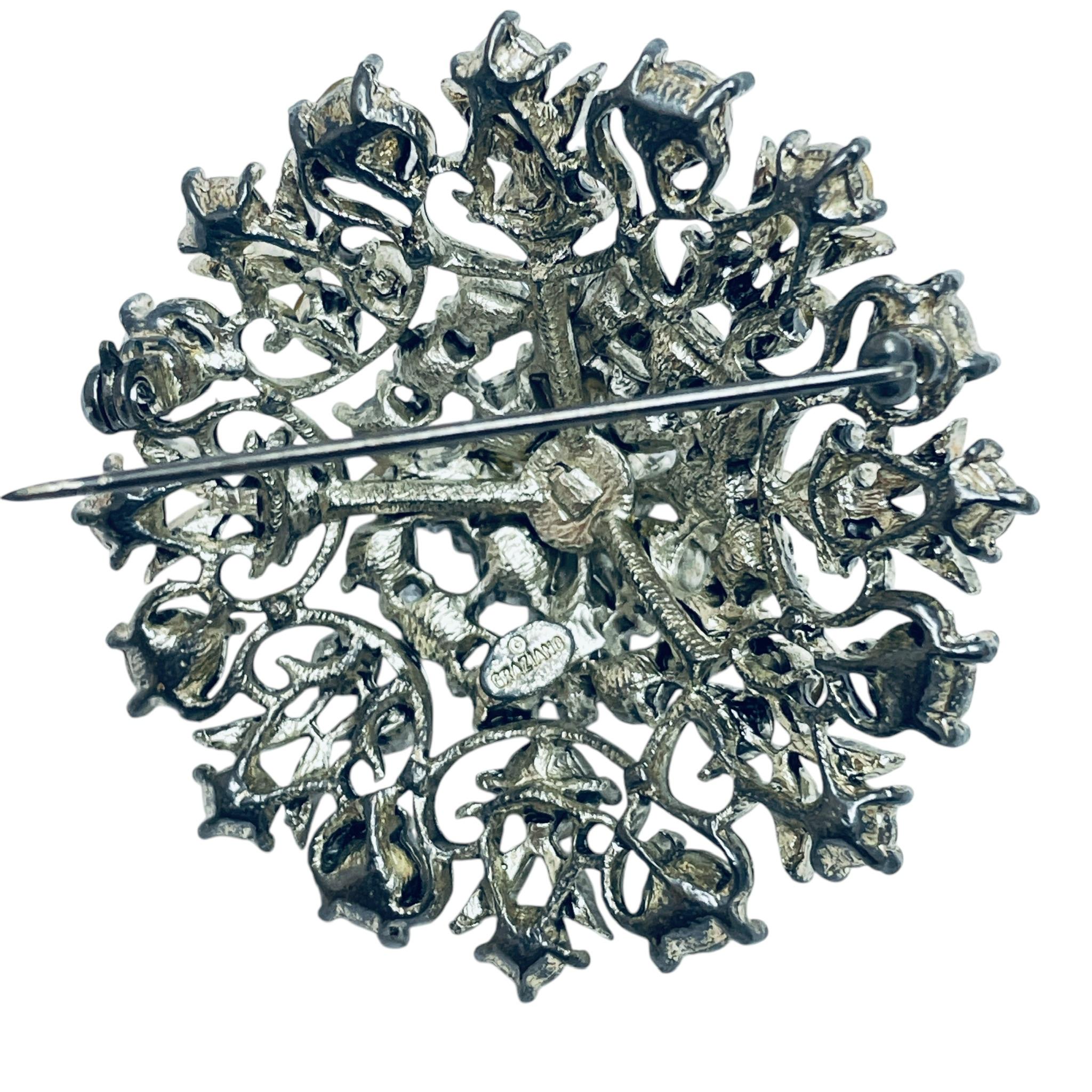 Vintage GRAZIANO signed silver tone rhinestones designer brooch In Good Condition For Sale In Palos Hills, IL