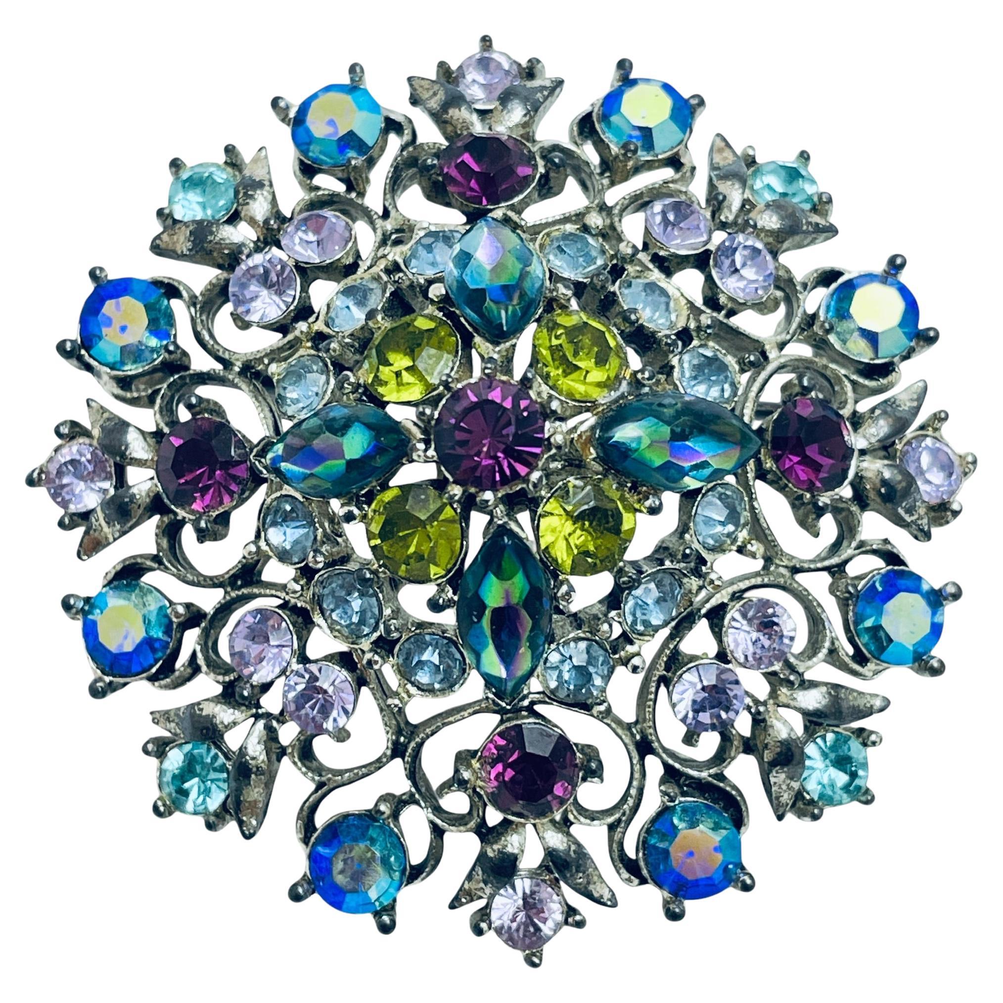 Vintage GRAZIANO signed silver tone rhinestones designer brooch For Sale