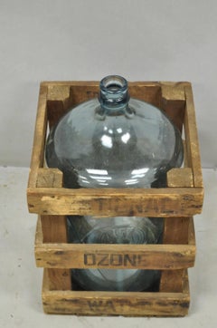 Vintage Great Bear Blue 5 Gallon Glass Carboy Jug in Wooden Crate