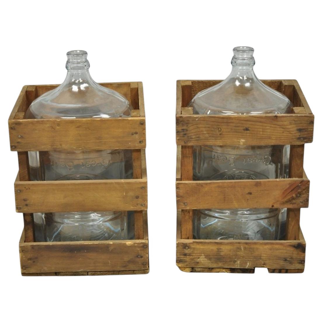 Vintage Great Bear Clear 5 Gallon Glass Carboy Jug in Wooden Crate - Pair For Sale