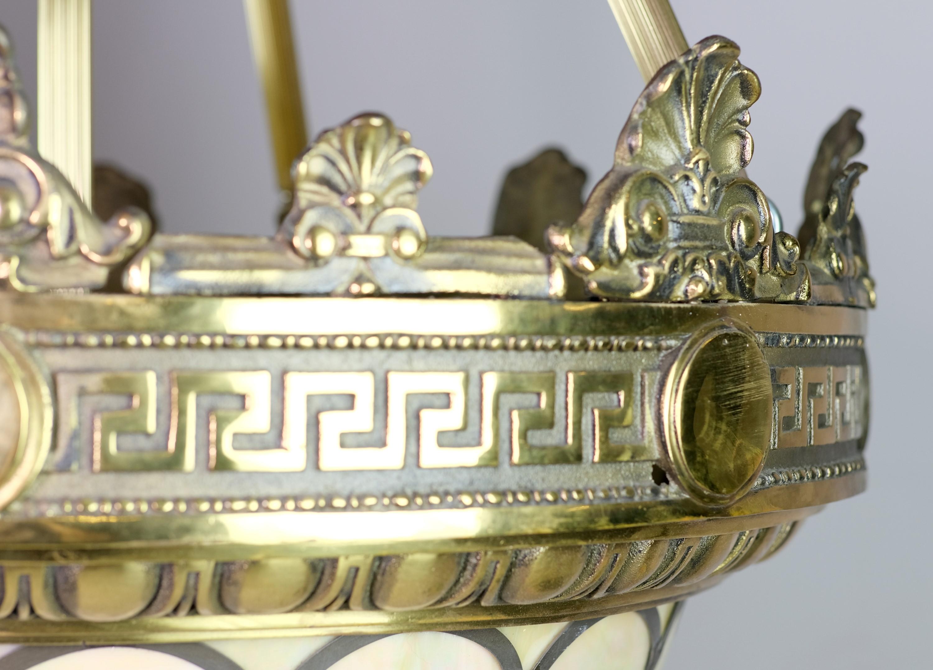 American Greco Roman Detail Bronze Dish Pendant Light Quantity Available For Sale
