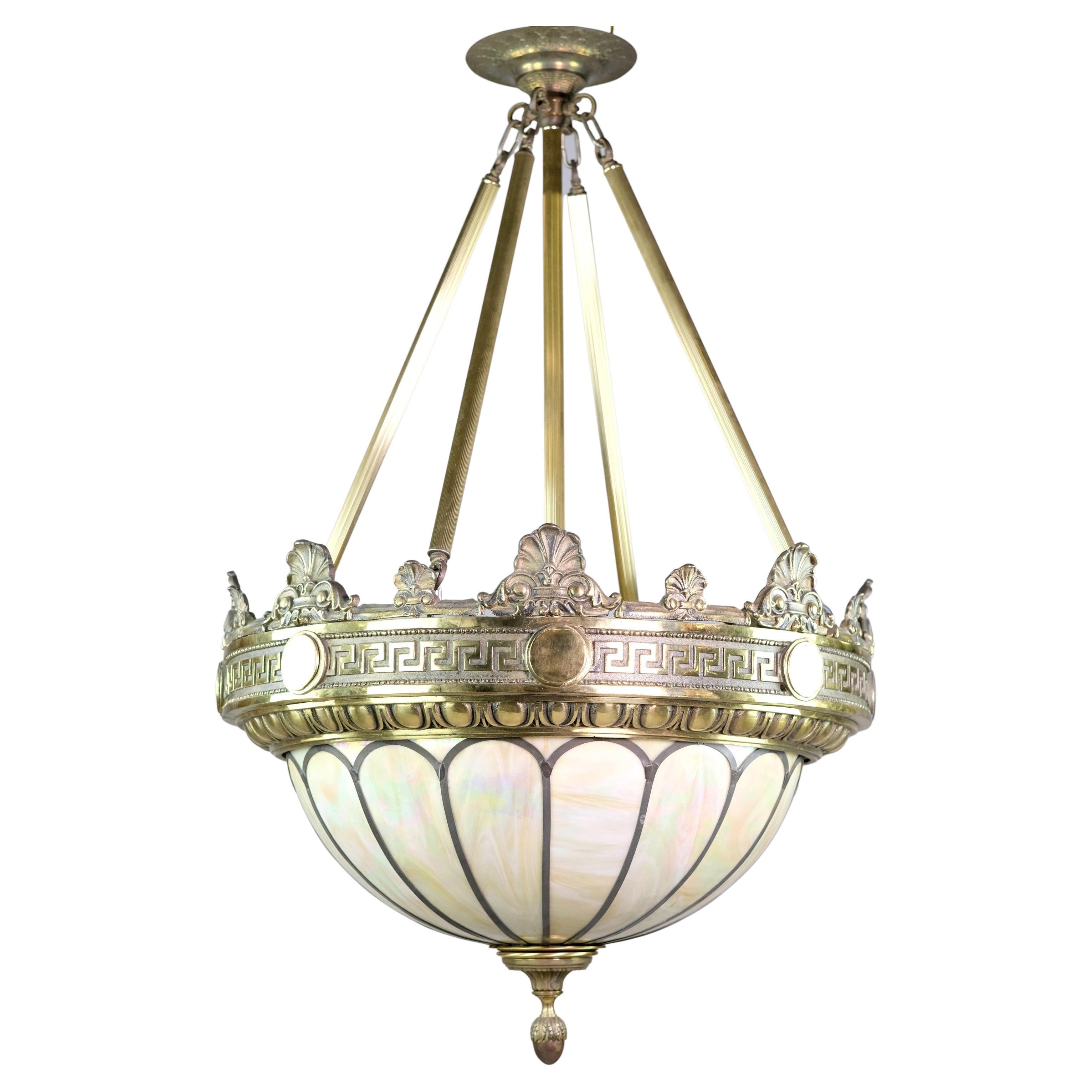 Greco Roman Detail Bronze Dish Pendant Light Quantity Available For Sale