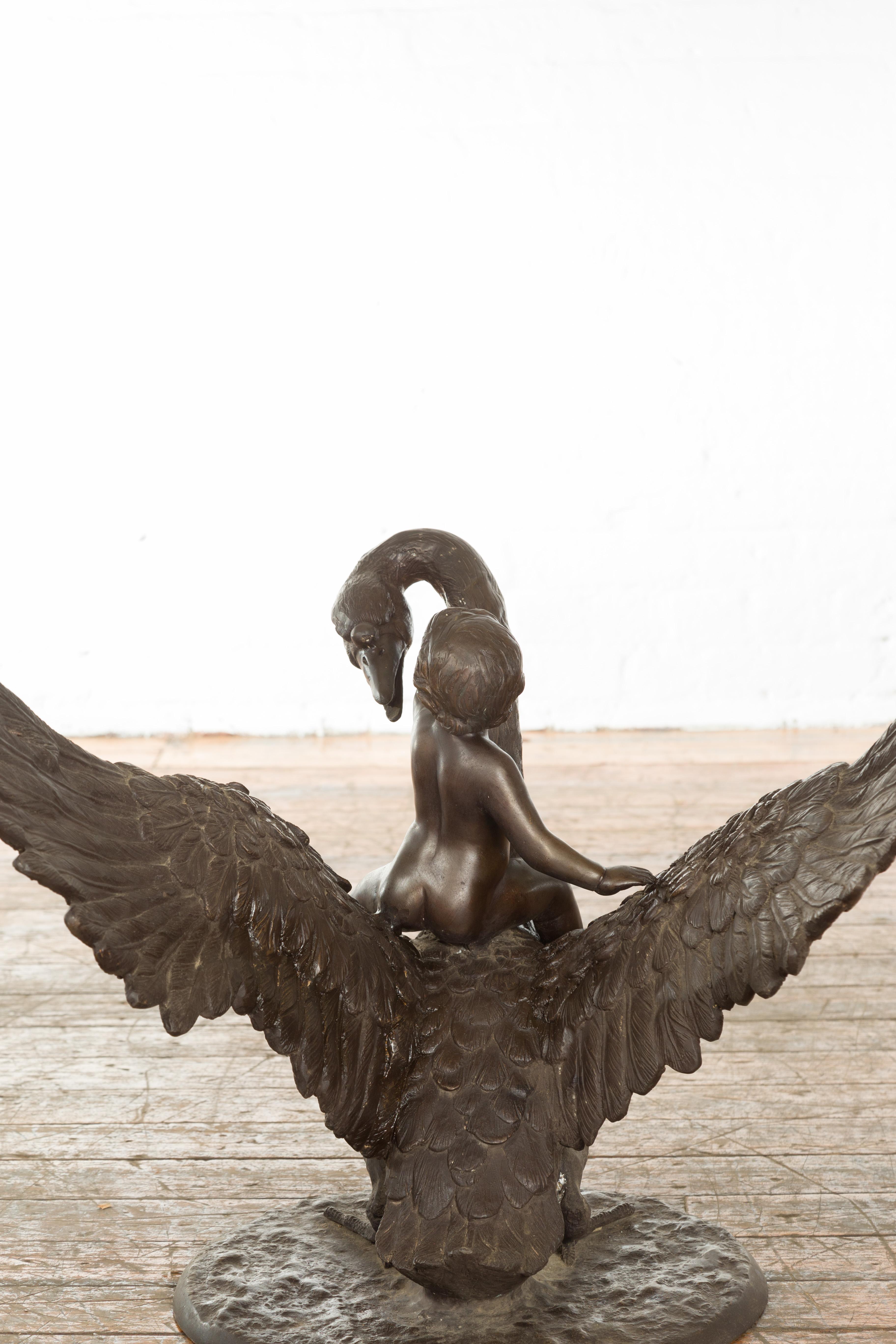 Vintage Greco Roman Style Bronze Sculpture of a Chubby Putto Riding a Swan In Good Condition For Sale In Yonkers, NY