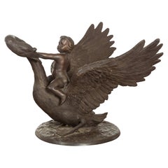 Vintage Greco Roman Style Bronze Sculpture of a Chubby Putto Riding a Swan