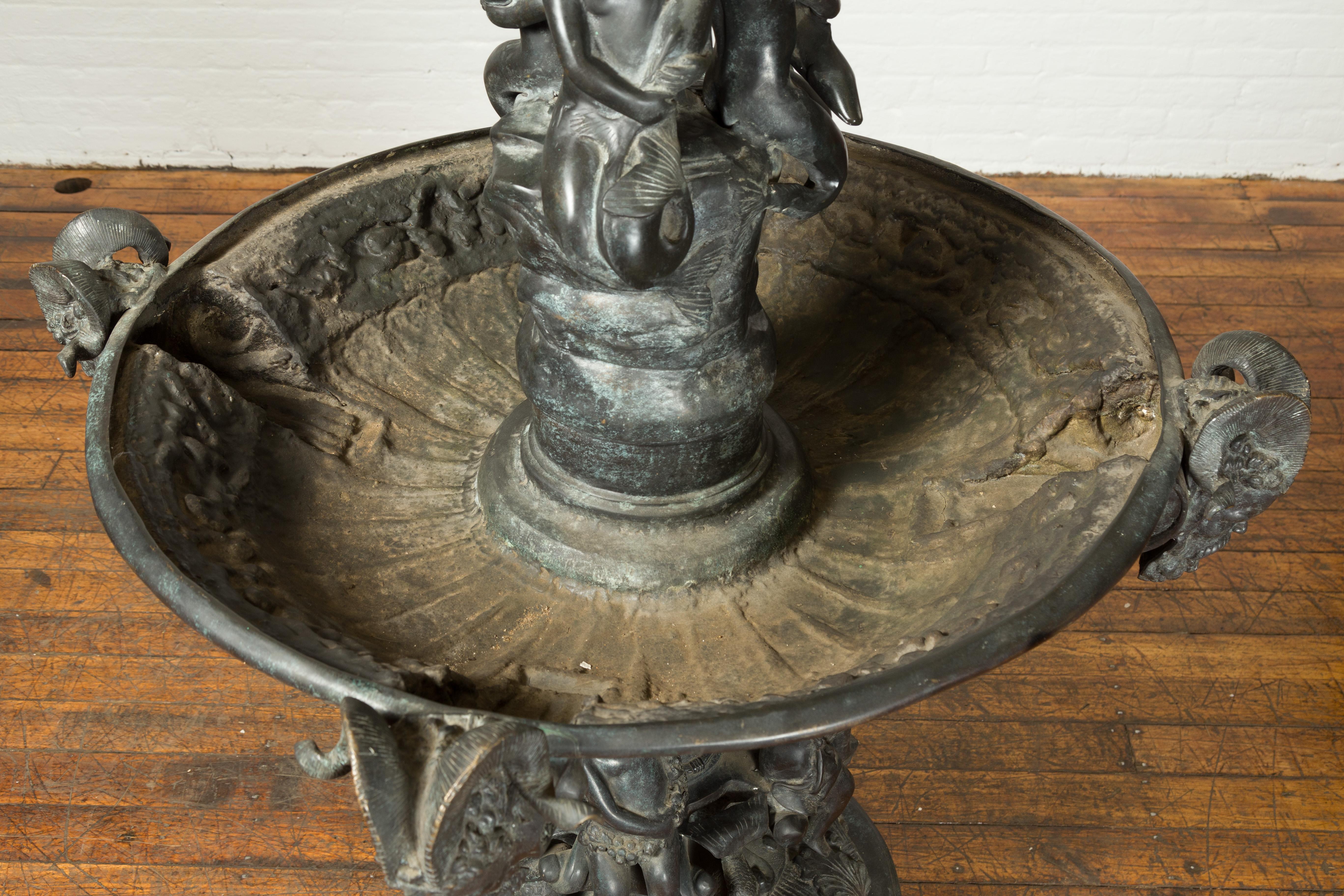 Vintage Greco-Roman Style Cast Bronze Fountain with Nymph, Tritons and Putti For Sale 4
