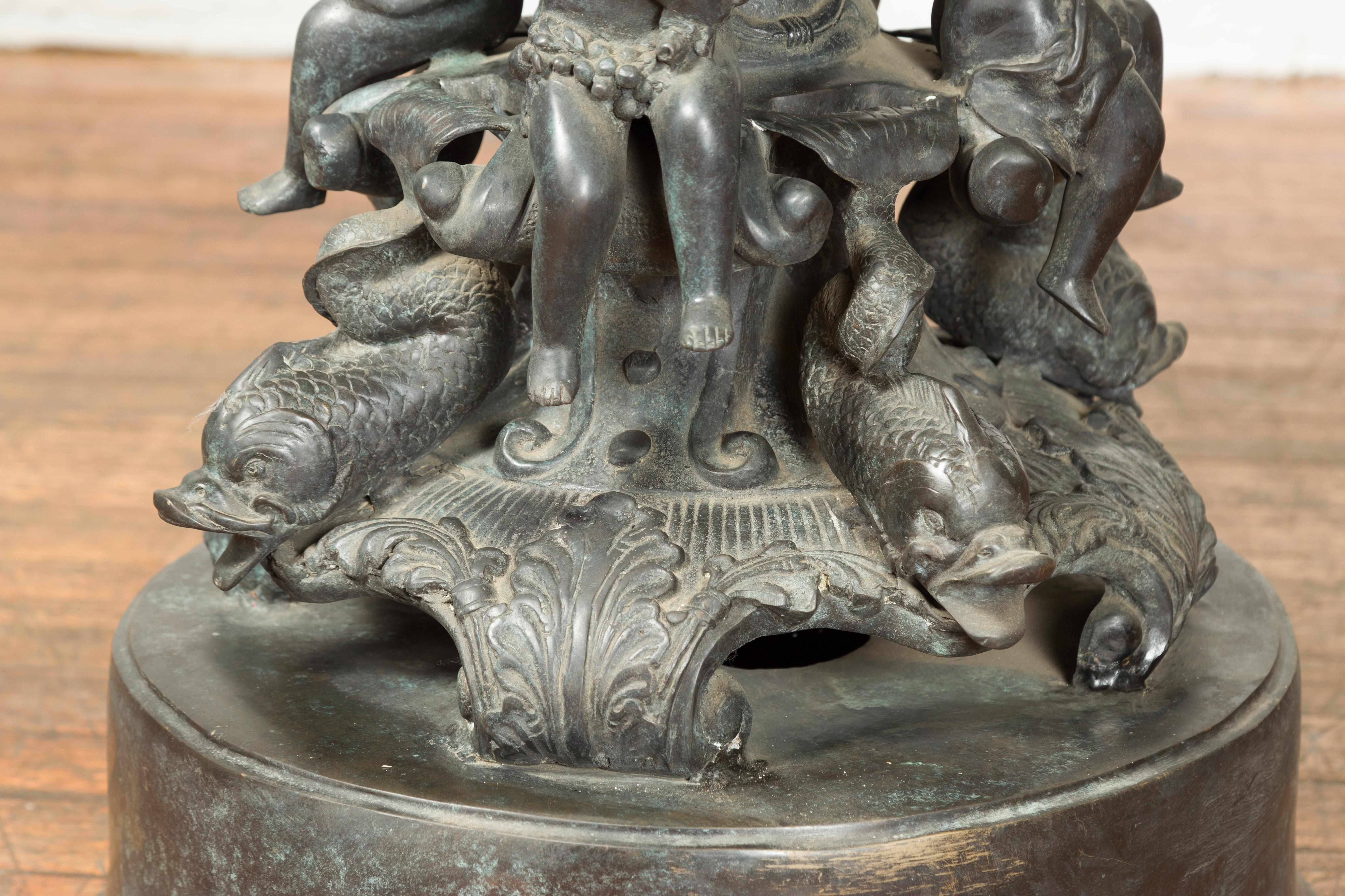 Vintage Greco-Roman Style Cast Bronze Fountain with Nymph, Tritons and Putti For Sale 9