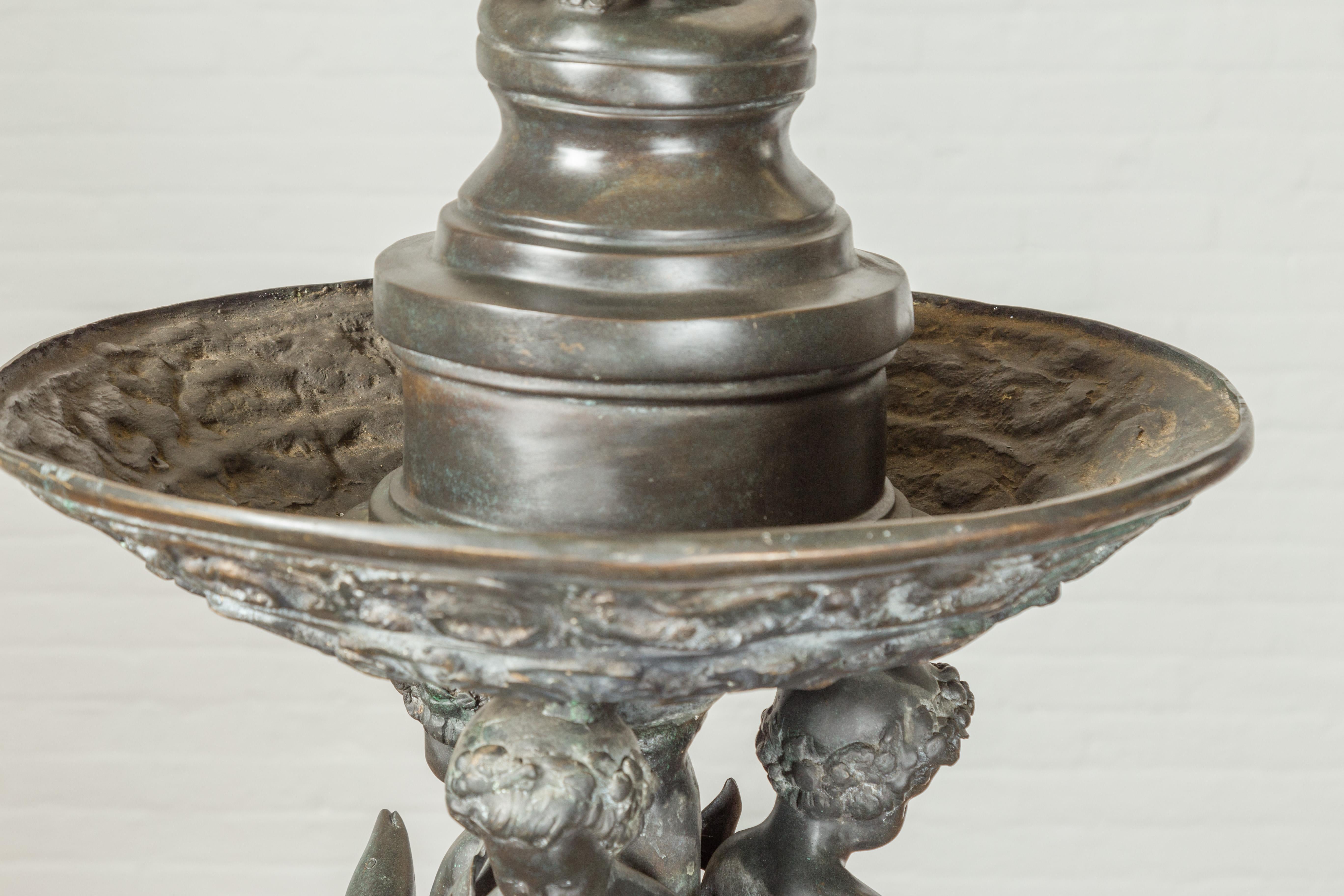 Vintage Greco-Roman Style Cast Bronze Fountain with Nymph, Tritons and Putti For Sale 2